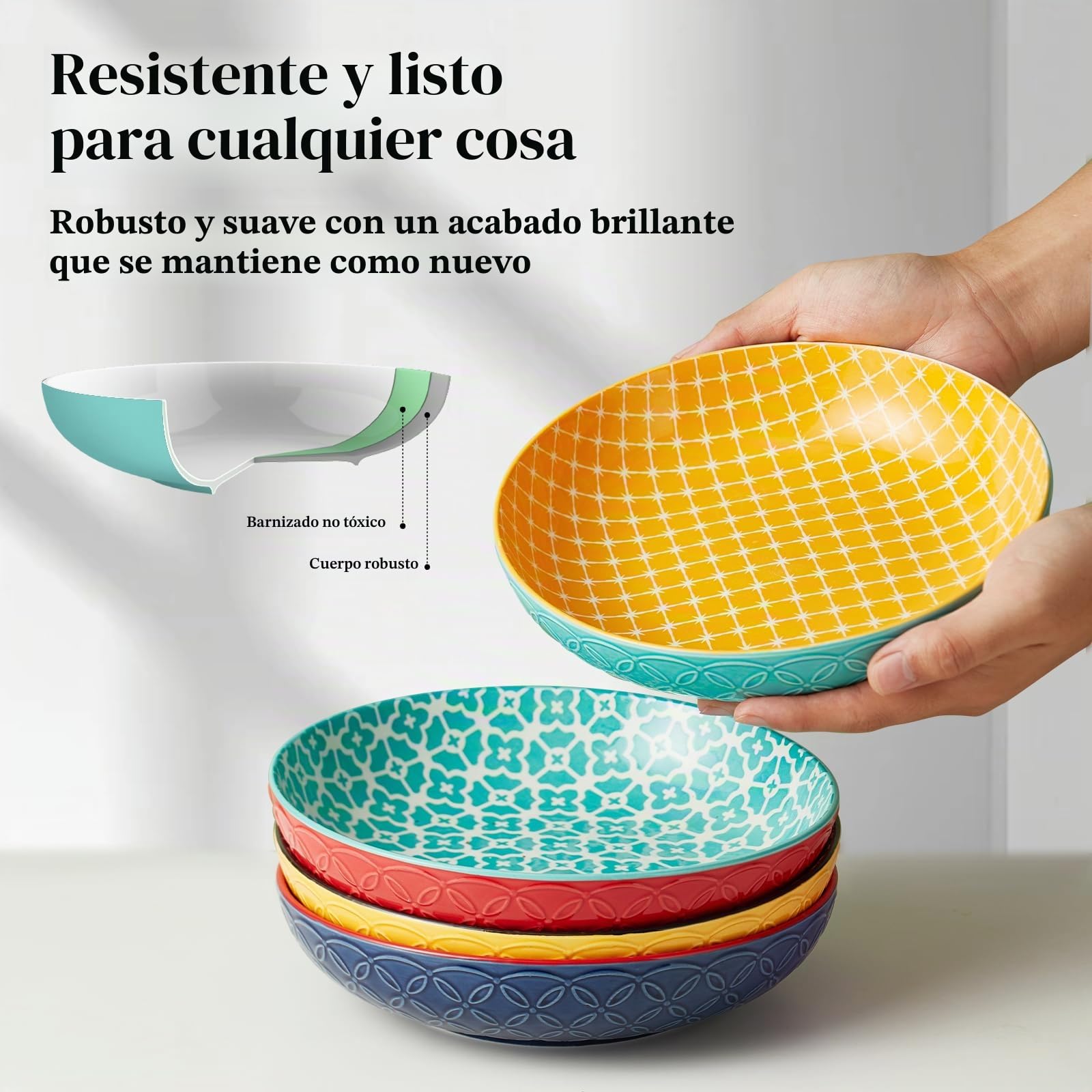 DOWAN Set de 4 Cuenco de Pasta, Ø 21.5cm Ensaladera Grande de Cerámica, Platos Hondos para Pasta, Ensalada, Paella, Fruta, Sopas, Puchero, Apto para Micriooda y lavavajillas, Color Vibrante