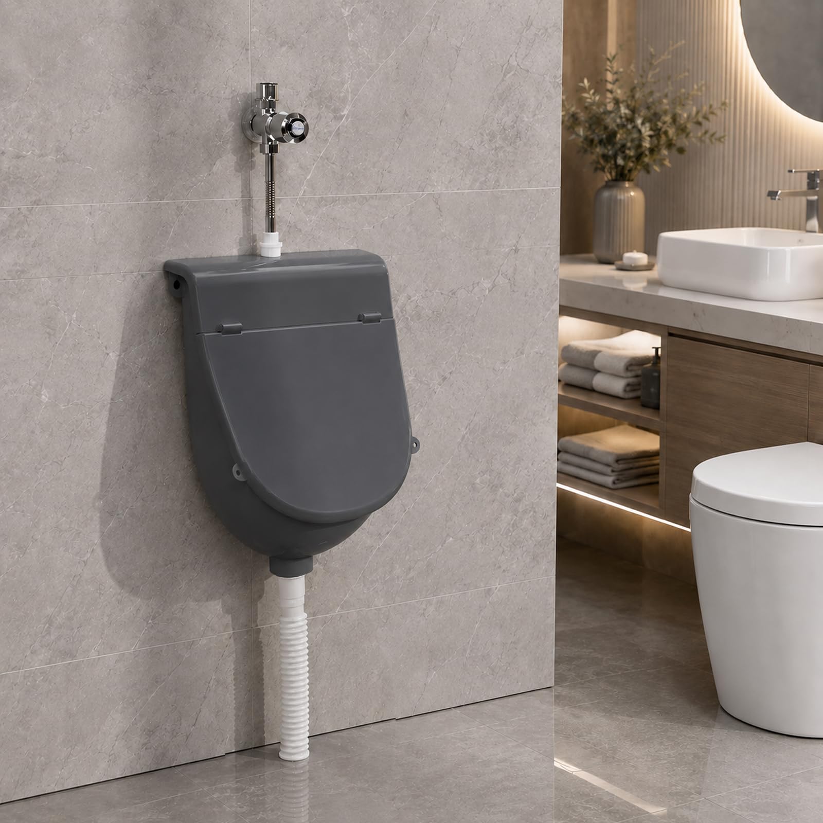 Urinal zur Wandmontage mit Deckel, Badezimmer Urinal mit Spritzschutzdeckel,Spülventil Mit Schlauch, Kunststoff Urinal für Wohnheim, Camping, Garage, Hinterhof, Zuhause, WC (Gray)
