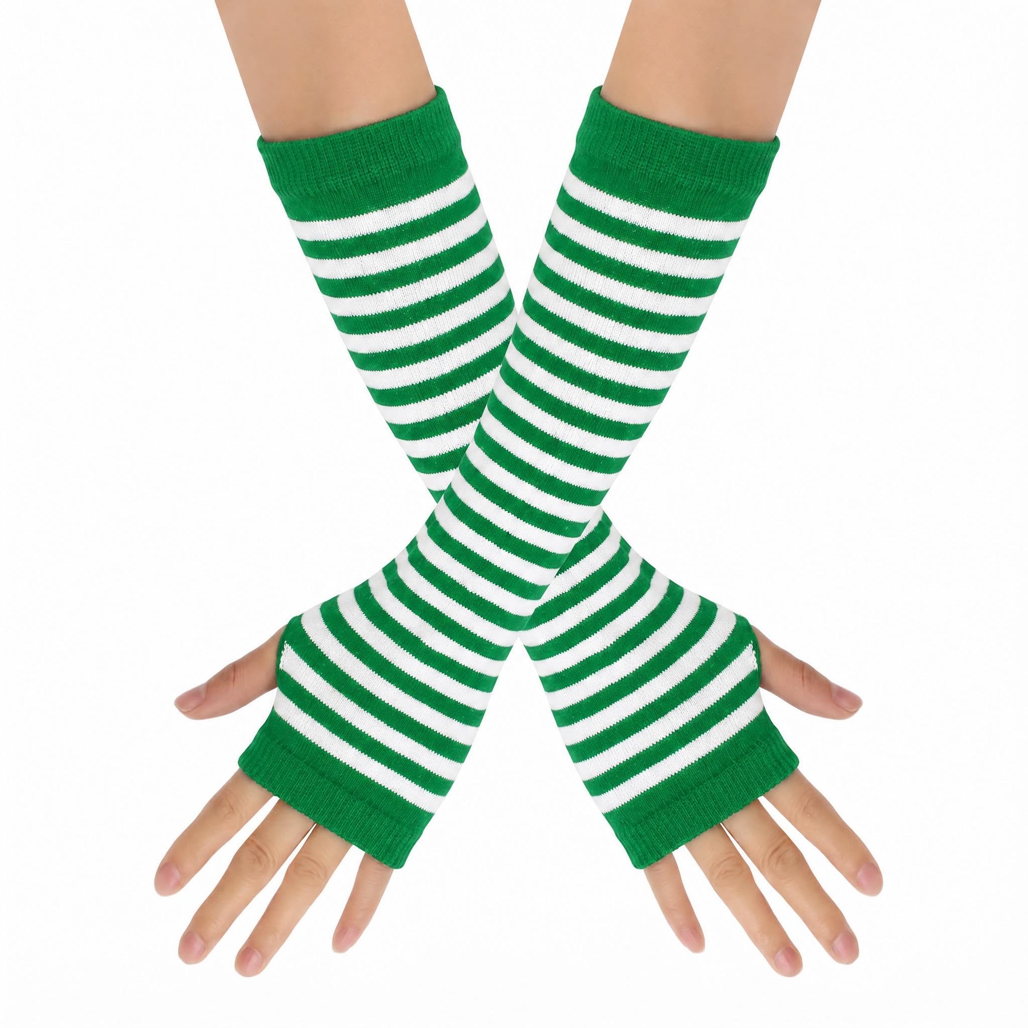 Leryavow Striped Punk Gothic Rock Long Arm Warmer Fingerless Gloves X Green White