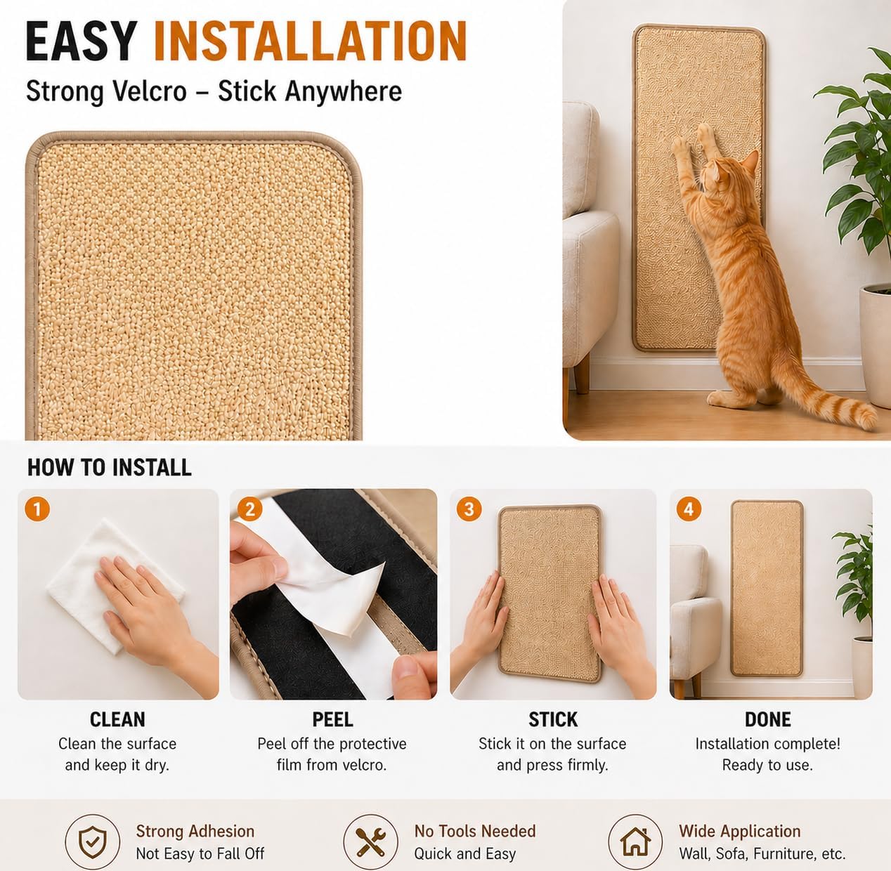 19.5"x 35" Cat Scratching Mat for Couch, Anti Scratch Furniture Protector for Sofa Arm, Sisal Cat Scratch Pad with Adjustable Fixing Strap, Durable Cat Scratch Guard for Indoor Cats