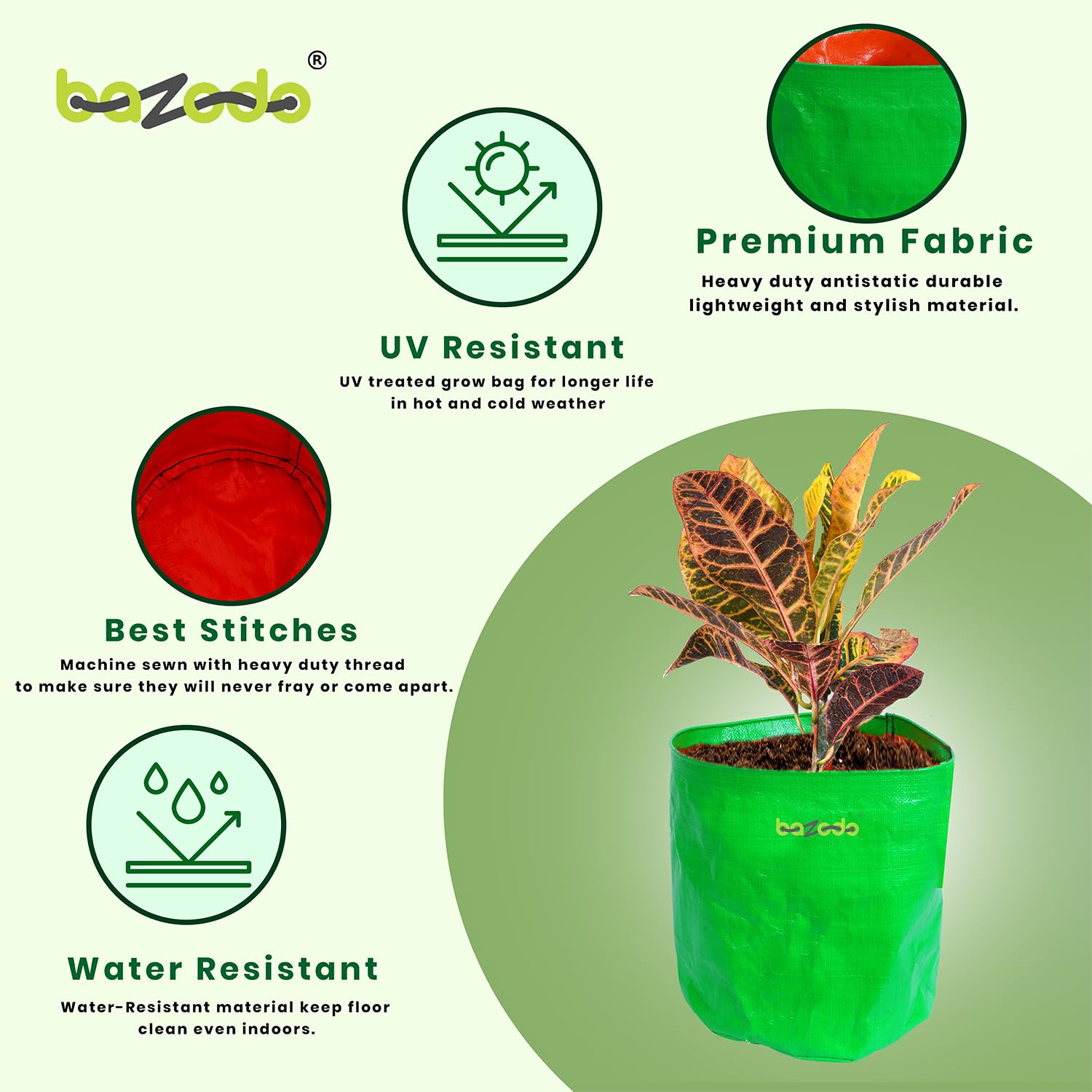 BAZODO Plant Grow Bags 15 Inch Dia X 15 Inch Height Round Grow Bags, 220 GSM Hdpe, Strong, Hdpe Fabric Leafy Fruits Growing Containers for All Vegetable Plants Pack of 5 (Green) 1