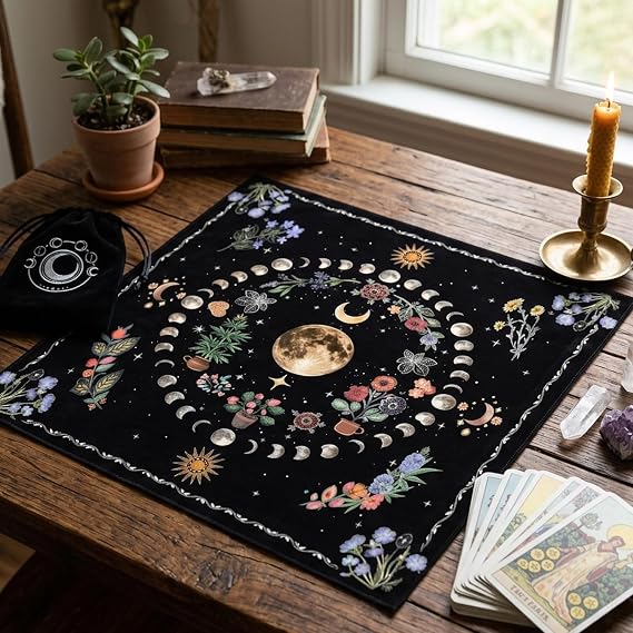 2 Pcs Altar Cloth Set, Tarot Cloth with Storage Bag, with Sun Moon Pattern Tarot Mat