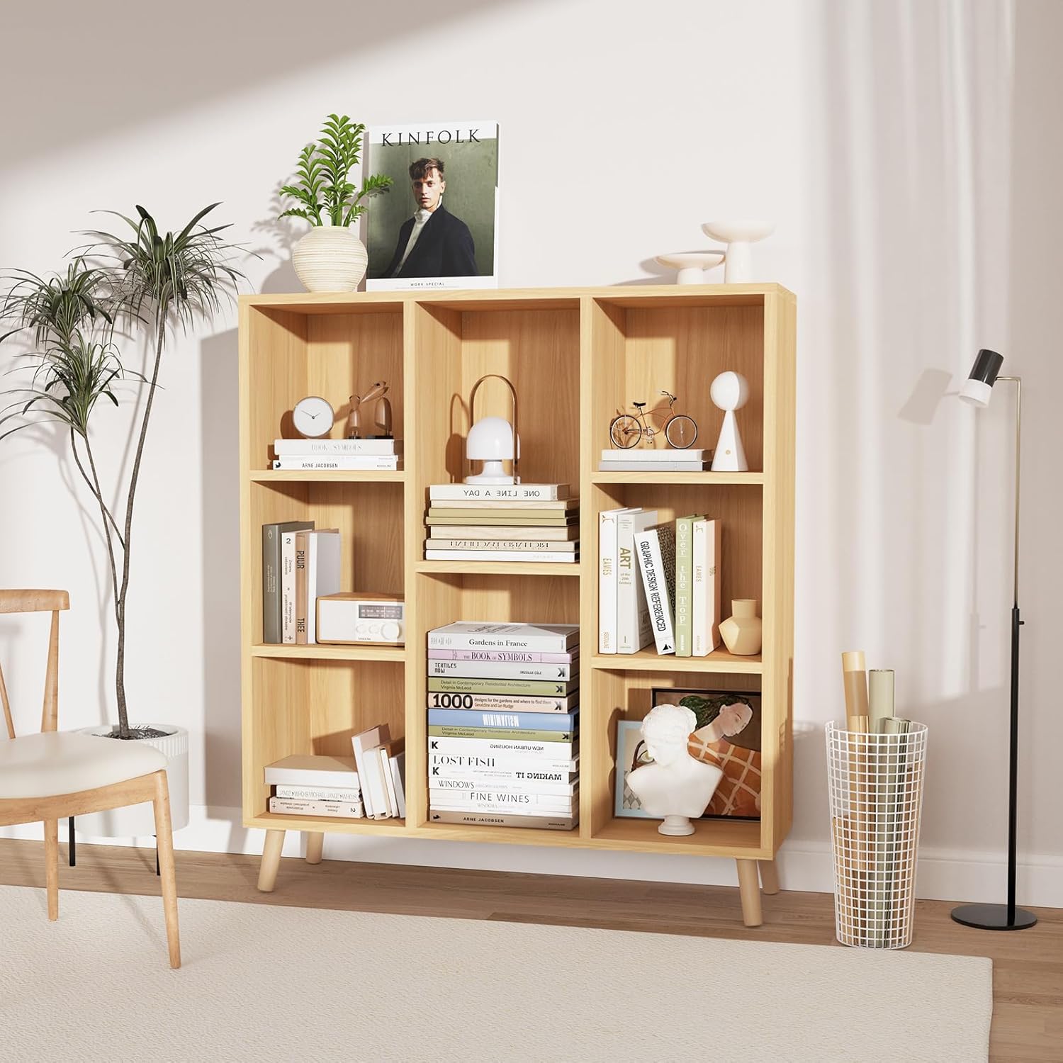 Lkeiyay 8-Cube Storage Shelf Low Bookcase,3-Tier Freestanding Storage Display Cabinet Organizer with Wooden Legs for Home Office,Open Cube Short Bookshelf, Oak