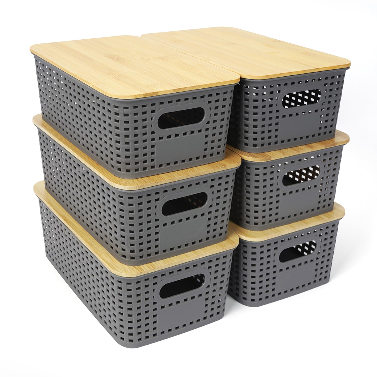 UHAPEER 6 Pack Stackable Plastic Storage Baskets with Bamboo Lid - Versatile Organizing Bins for Pantry, Closet, Office, Playroom & Desktop - Lidded Storage Bins for Kitchen & Home & Classroom Use