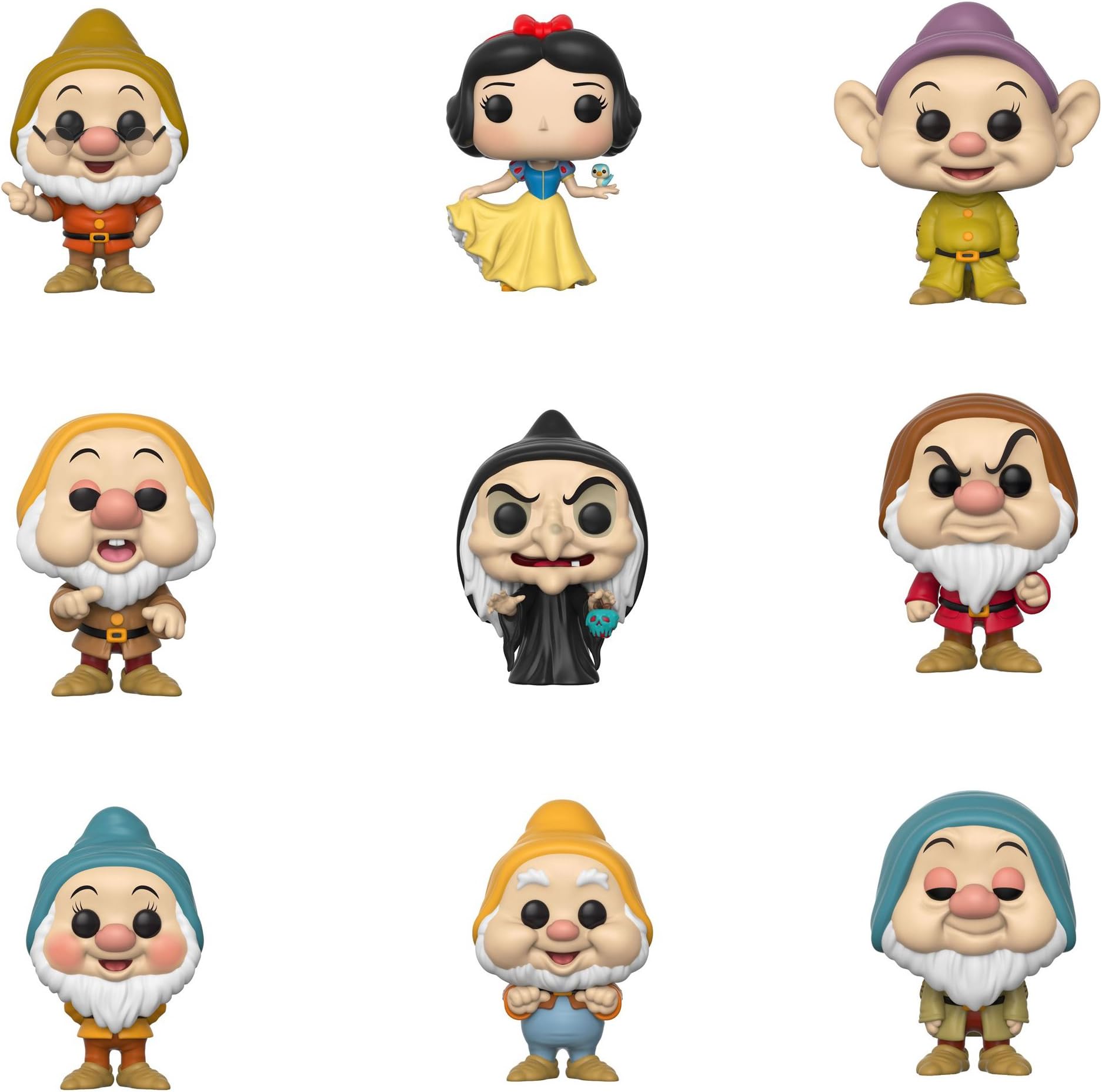 Snow White and the Seven Dwarfs - Snow White, Witch, Dopey, Grumpy, Sneezy, Bashful, Sleepy, Happy, Doc Pop! Vinyl Figures - Set of 9 and Keychain