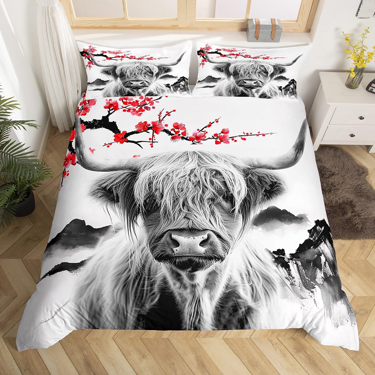Couvre-lit léger animaux de la ferme et housse de couette imprimée vache des Highlands fleurie