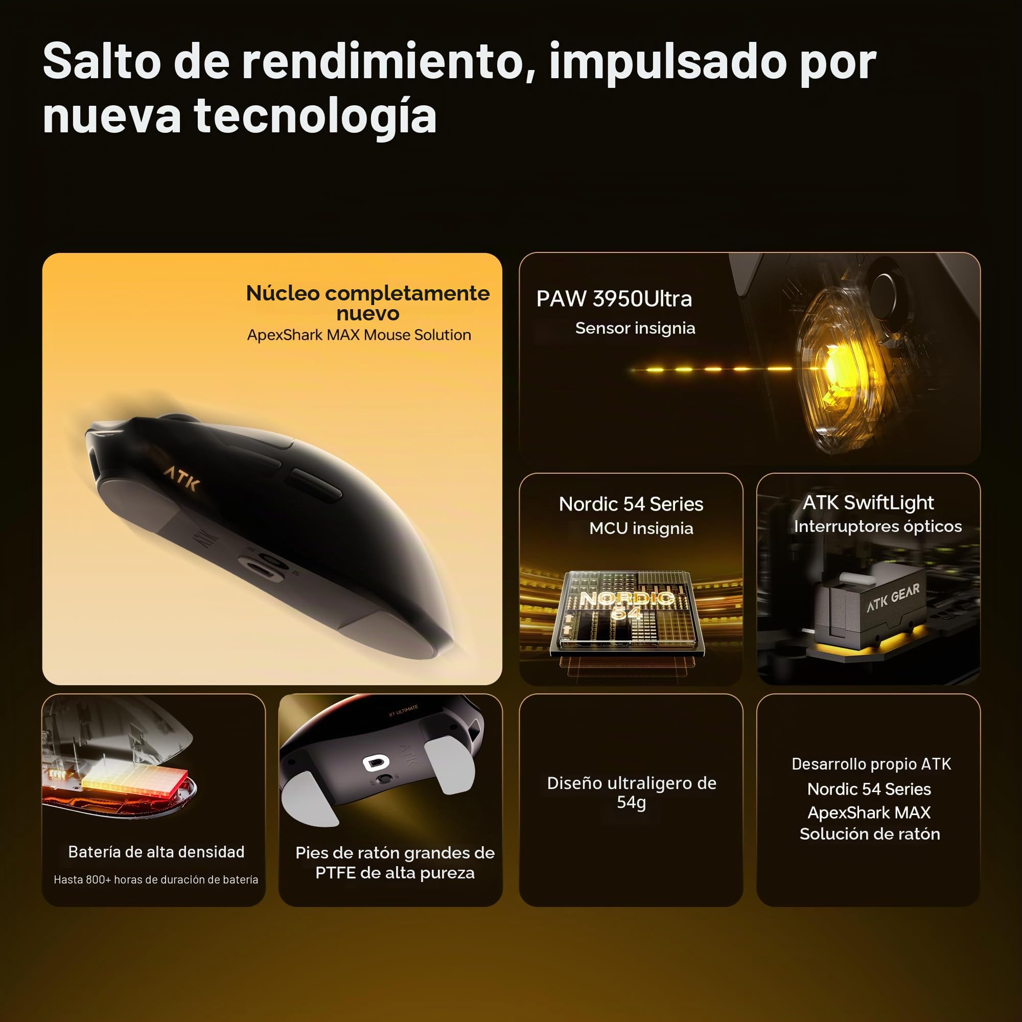 ATK Blazing Sky X1 V2 Ratón inalámbrico para juegos, 54 g, ligero, sensor PAW3950Ultra, MCU nórdico 54L15, interruptores ópticos, nuevo dongle GEM 8K, doble modo 2,4 G/cable (ultimo, rojo metálico)