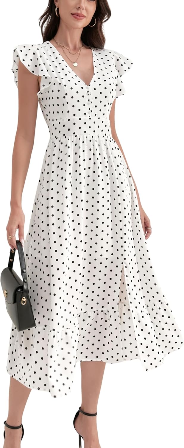 Polka Dot Dress for Women Sleeveless V-Neck Casual Summer Slim Fit with Lining Wedding Guest Wear