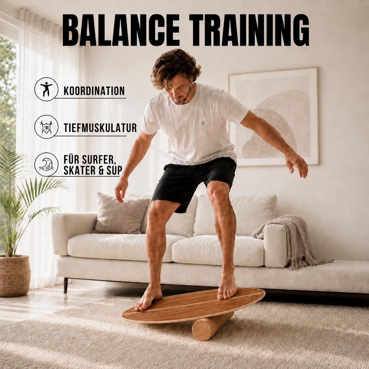 Glory Boards® Balance Board – Handmade - 100% Birkenholz - Inklusive Korkrolle - Optimal für Gleichgewichts- & Krafttraining, Für Einsteiger & Fortgeschrittene, Indoor & Outdoor – Erwachsene & Kinder