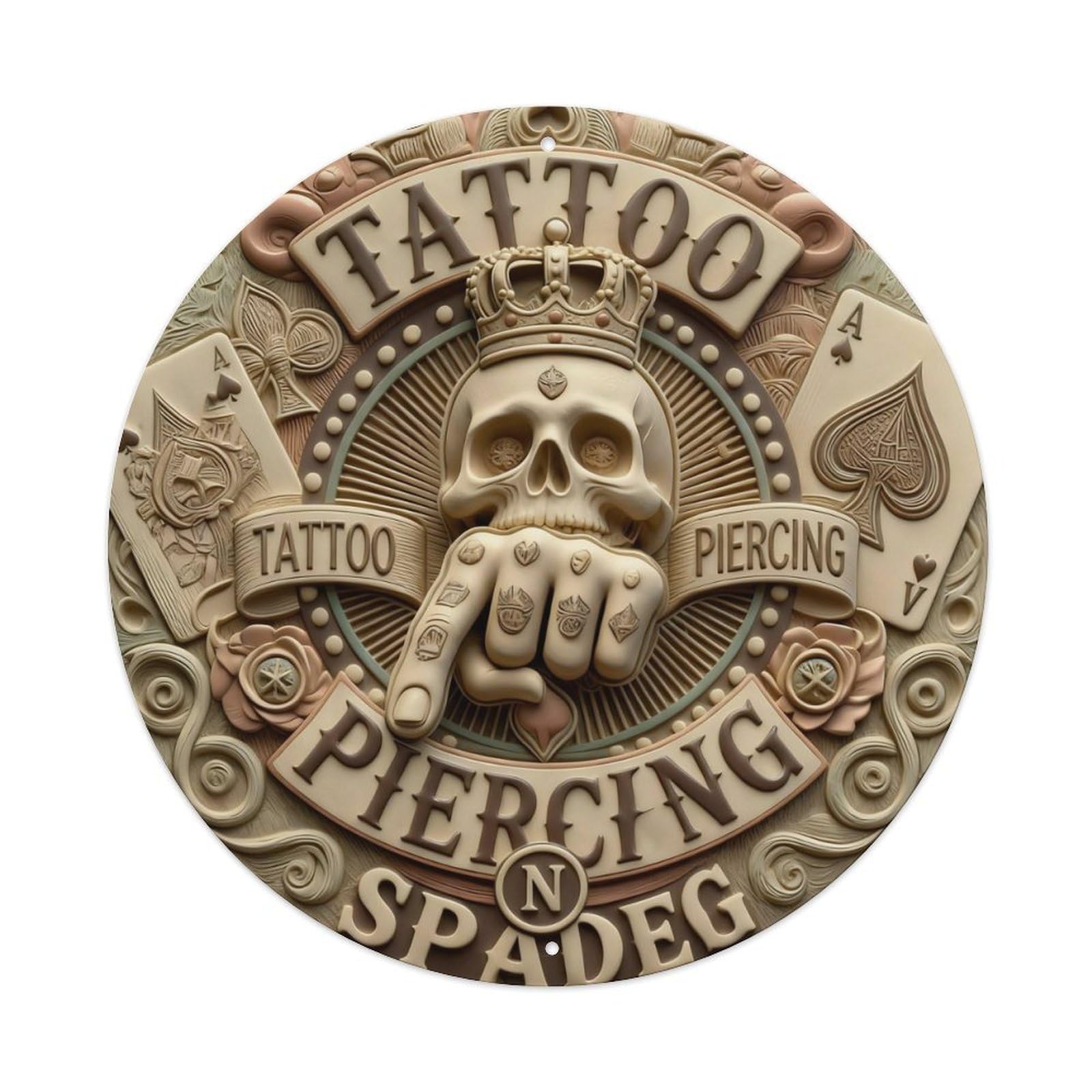 Zlatcbu Vintage Tattoo Piercing Skull Emblem Sign Metal Tin Sign Retro Wall Art Poster, Decor For Home Living Room Bar Cafe Garage, 8X8 Inch