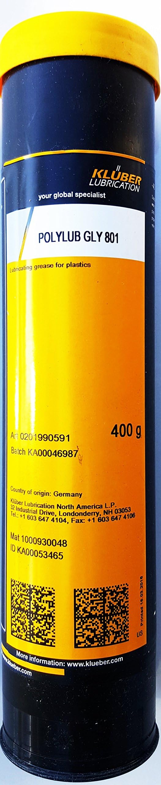 Kluber Lubrication POLYLUB GLY 801 Synthetic Lubricating Grease for Vehicles, Plain Bearings, Gears, Seals and Plastics 400 g Cartridge