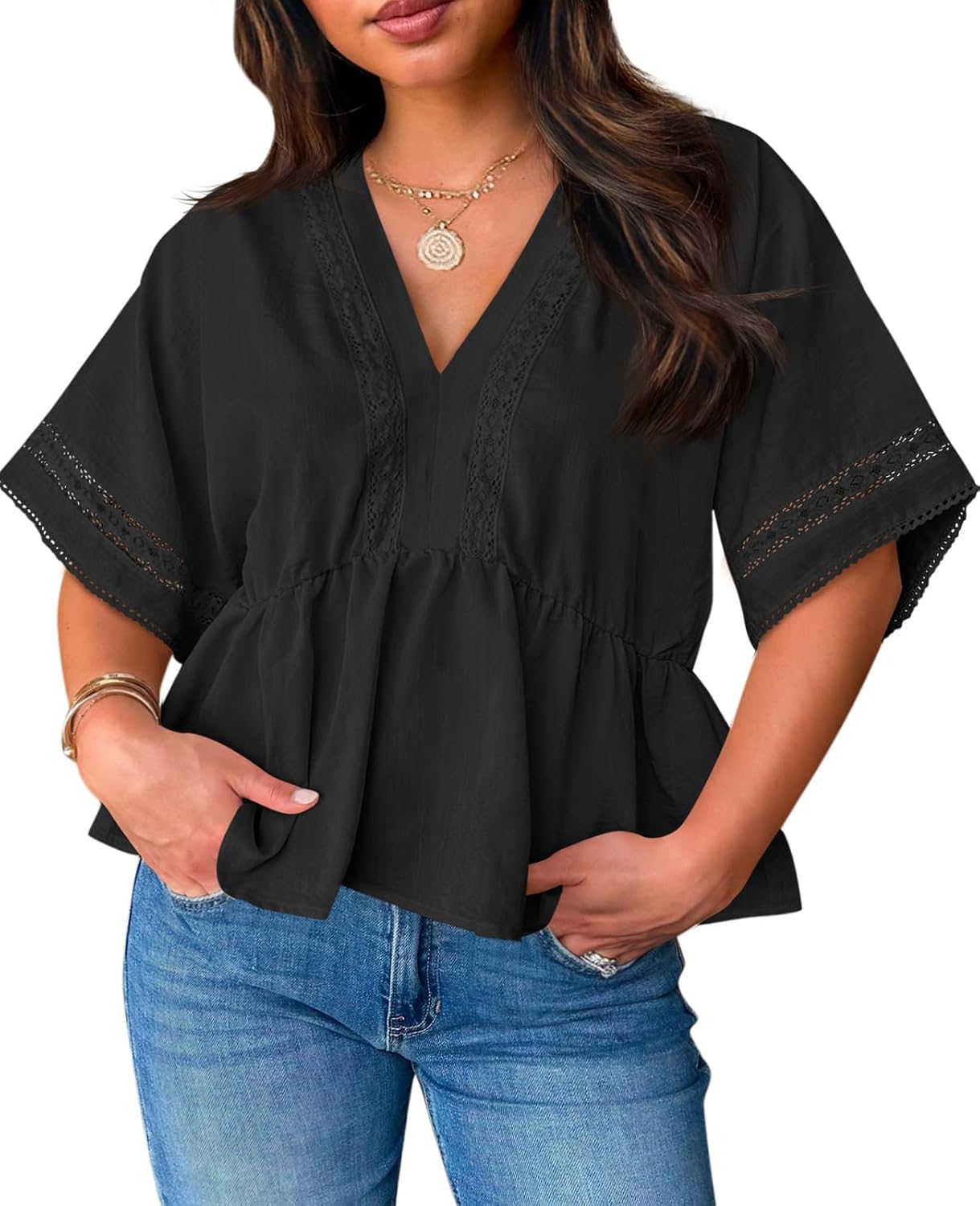 Womens Plus Size Babydoll Tops Cute Summer Eyelet V Neck Short Sleeve Blouses Cropped Lace Ruffle Boho Shirts