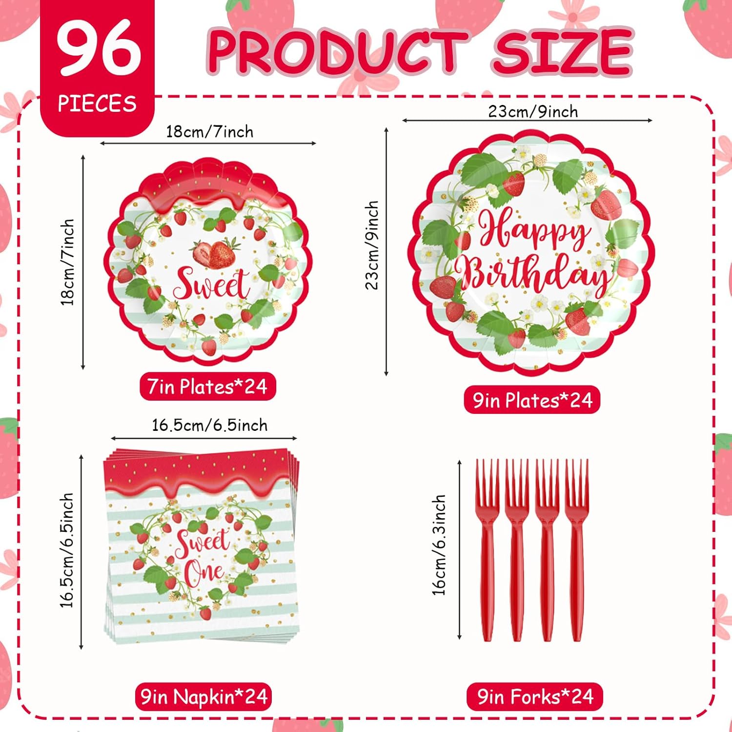 96 Pcs Strawberry Birthday Decorations Tableware,Disposable Strawberry Theme Party Supplies,Summer Fruit Set with Plates Napkins Forks for Girls Baby Shower Birthday Decor Fruit Themed Party,24 Guests - Image 6