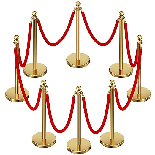Sturdy Gold Stanchions and Velet Ropes, 8pcs Red Carpet Ropes and Poles, Water/Sand/Concrete Fillable Leakproof Base, High Quality Crowd Control Barriers for Birthday, Prom, Business, Wedding