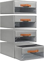 DiMJ Foldable Stackable Closet Organizers with Drawers & Clear Window - 4-Pack Grey Fabric Storage Bins for Bedroom, Living Room