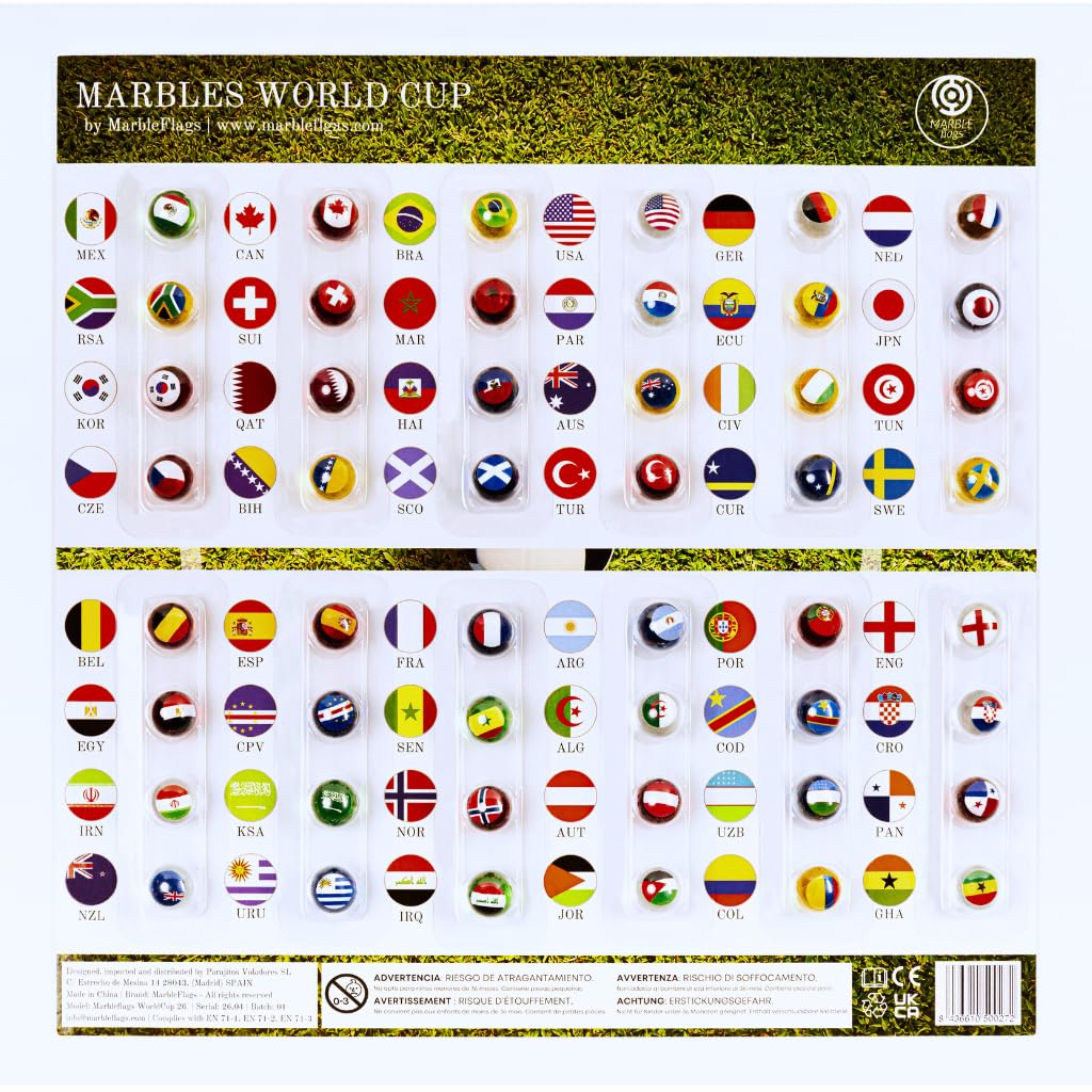 Colección 48 Canicas con Banderas del Mundial 2026 | Ideal para Circuitos de Canicas y MarbleRun | 16 mm
