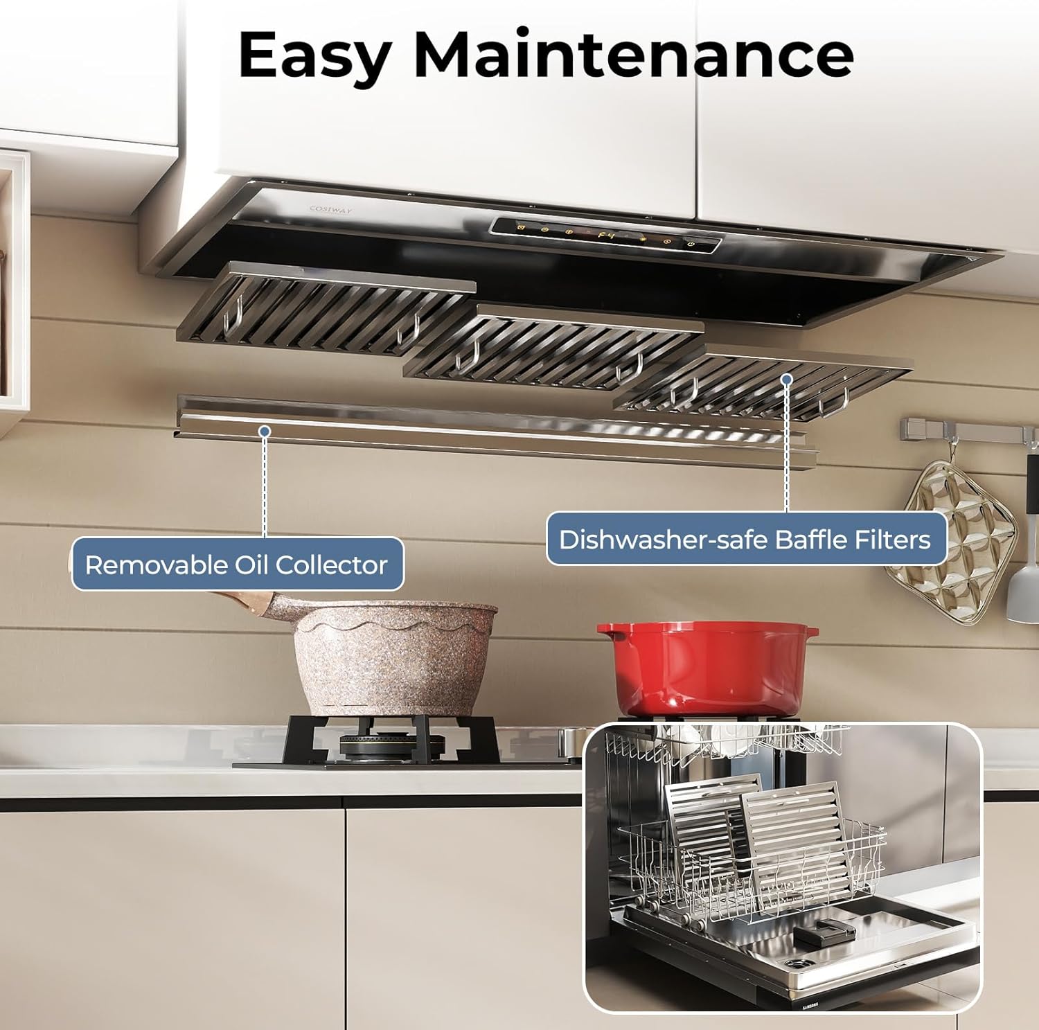 36 Inch 900 CFM Range Hood Insert, Ducted/Ductless Convertible Stainless Steel Built-in Kitchen Vent Hood with 4 Speeds, Touch/Gesture/Remote Control, Timer, Baffle & Charcoal Filters