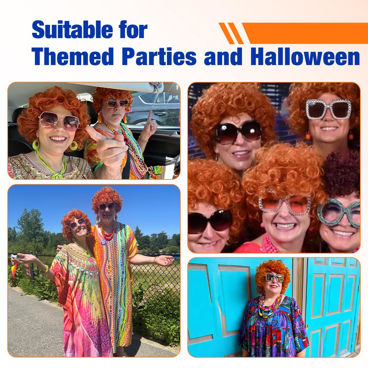 FantaLook Curly Orange Red Cosplay Wig with Necklace Earrings and Sunglasses for Women Halloween Costume - Image 6