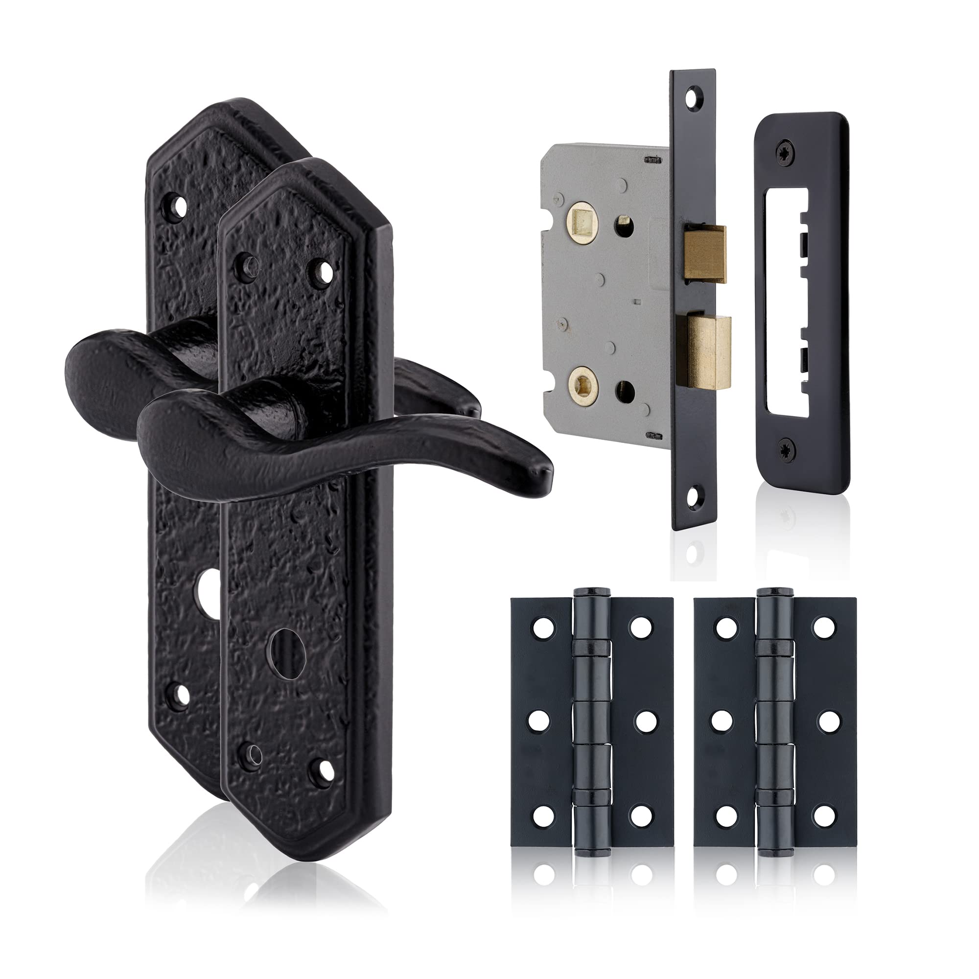 Xfort Black Antique Smithy's Range London Suite Lever Bathroom Pack Complete Set With Bathroom Handles, 65Mm Bathroom Lock And 75Mm Ball Bearing Hinges, Door Handles Set For Internal Wooden Doors.