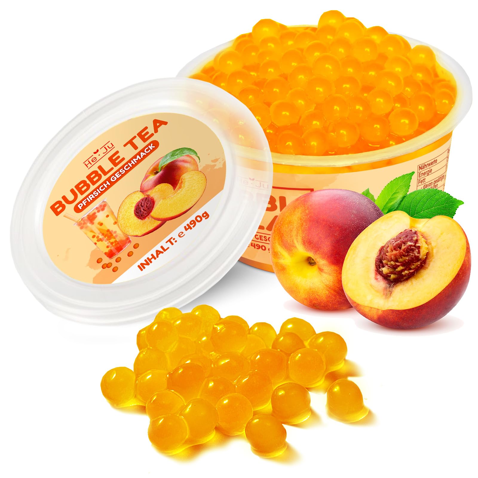 He-Ju Bubble Tea Perlen PFIRSICH 490 GRAMM vegan, glutenfrei, gelatinefrei, Boba Fruchtperlen Peach