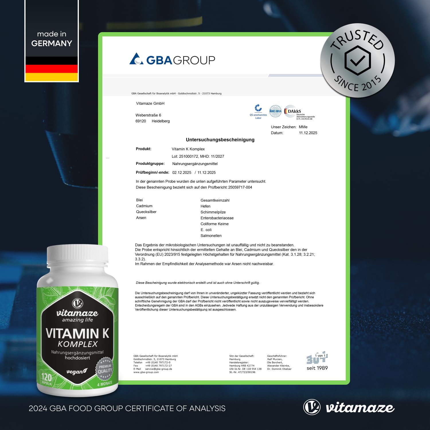 Vitamin K Komplex hochdosiert & vegan, K1 1.000 mcg + K2 Menaquinon (1.000 mcg MK4 + 200 mcg MK7), 120 Kapseln für 4 Monate, beste Bioverfügbarkeit, Made in Germany