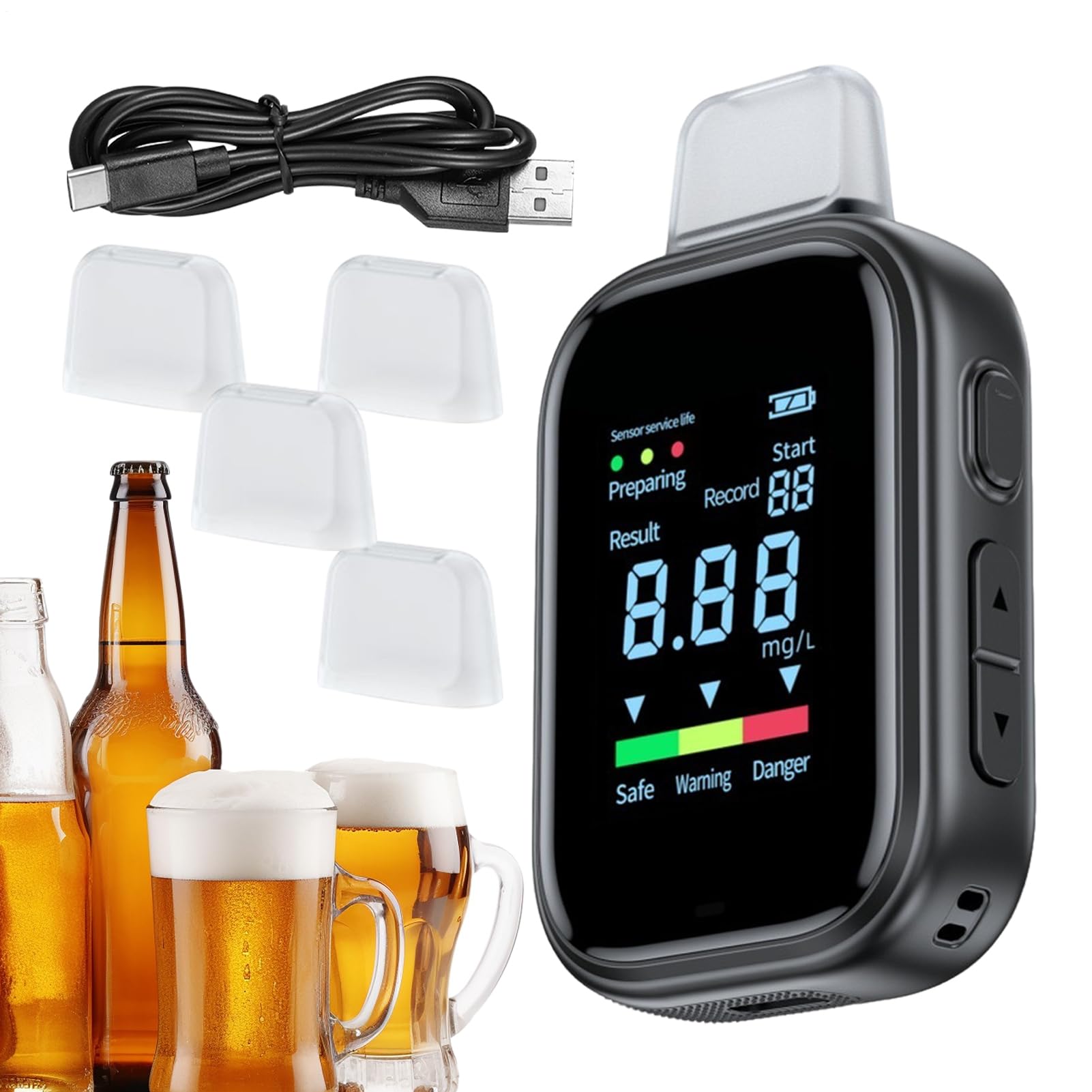 Digital Alcohol Breath Analyser - High Precision Test Kit | Type-C Rechargeable Drunk Driving Monitor Compact Handheld Gas Sensor With LCD Display Gift For Men Father Husband 5 Reusable N