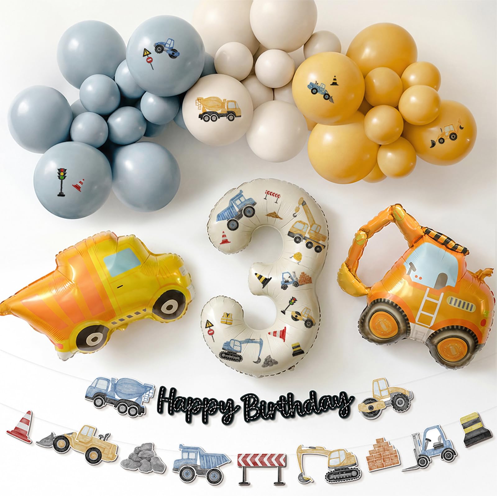3rd Birthday Decorations Boy - Digger Birthday Decorations Construction Balloons Arch Kit with Foil Excavator Balloons 32Inch Number 3 Balloon and Happy Birthday Banner(Not Pre-Printed Balloons)