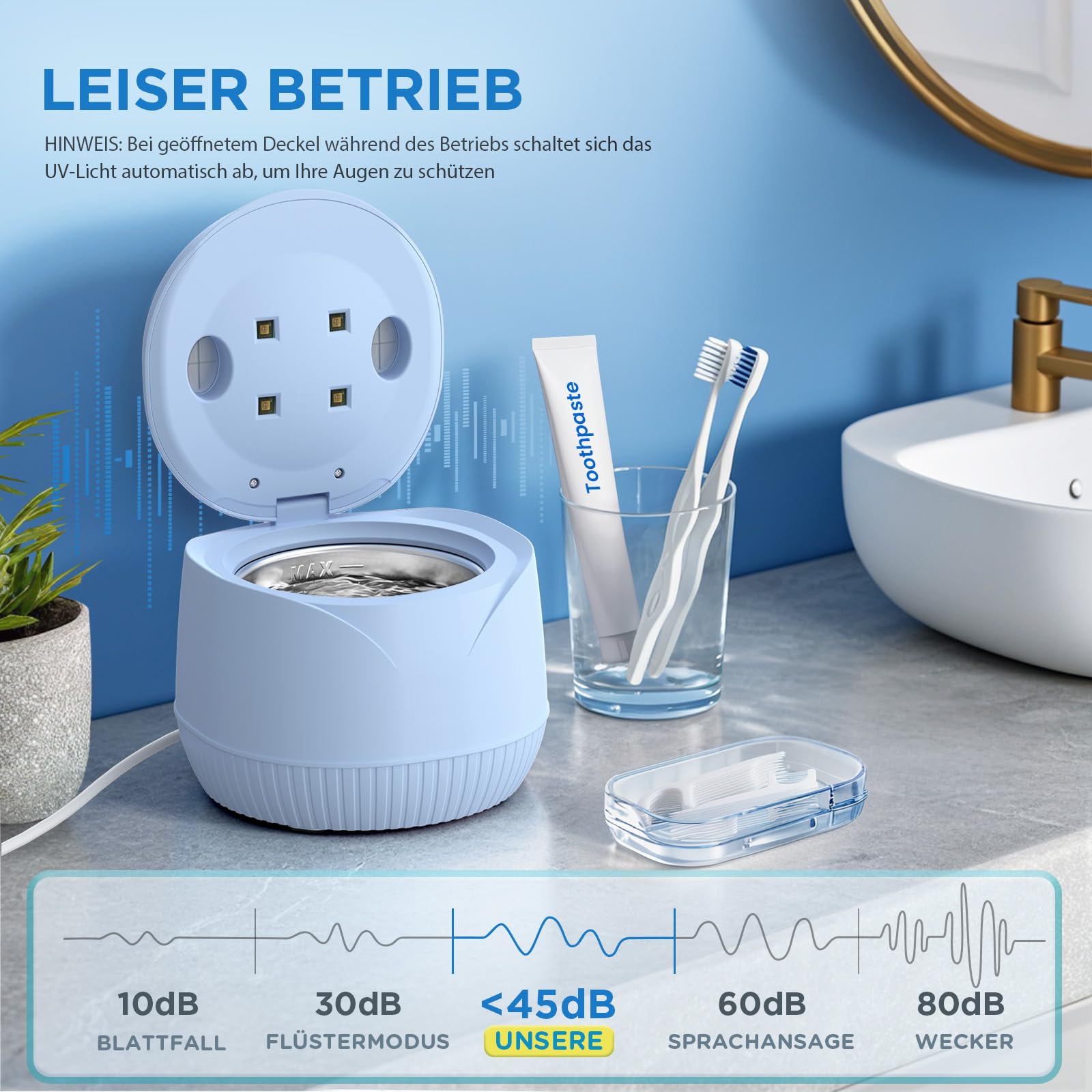 Ultraschallreinigungsgerät zahnschiene Dental Pod: 45KHz Ultrasonic Cleaner | 200ML Mit UV Ultraschallreiniger für Zahnersatz, Retainer, Aligner, Zahnschiene reinigung, Prothesen, Schmuck (Blau)