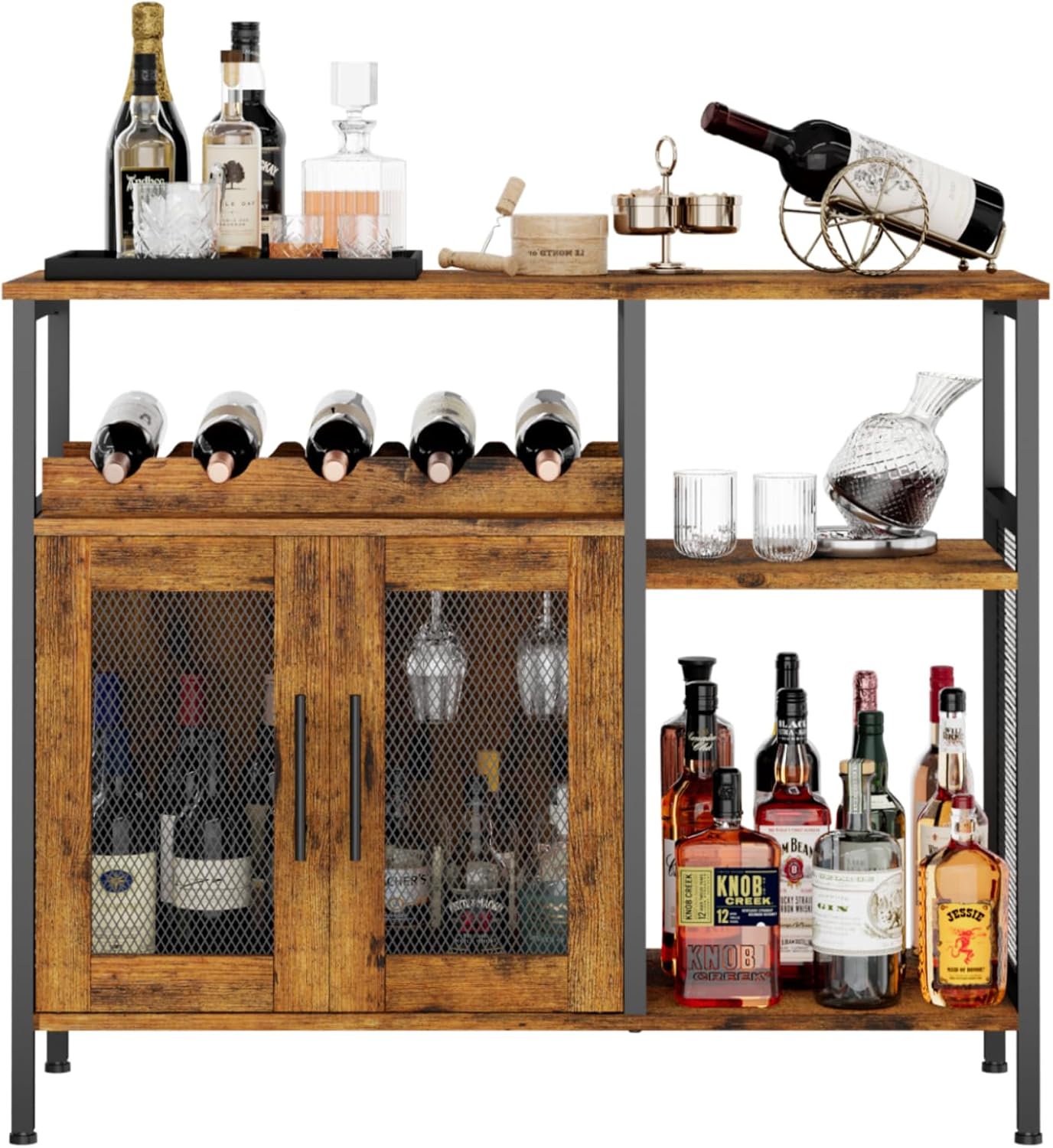X-cosrack Wine Bar Rack Cabinet with Detachable Wine Rack, Coffee Bar Cabinet with Glass Holder, Small Sideboard and Buffet Cabinet with Mesh Door, Rustic Brown, Large