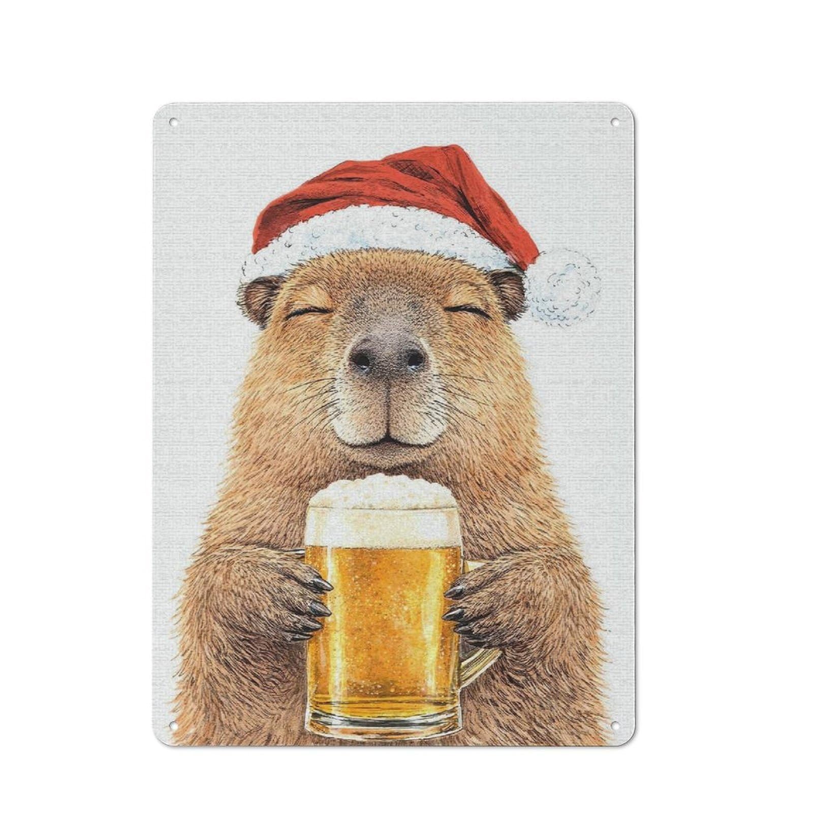Junmoney Style-17 Capybara In Santa Hat With Beer Cottage Style Metal Wall Decor 40X30cm, Tin Wall Plaque For Kitchen, Cottage, Porch Or Garden Room