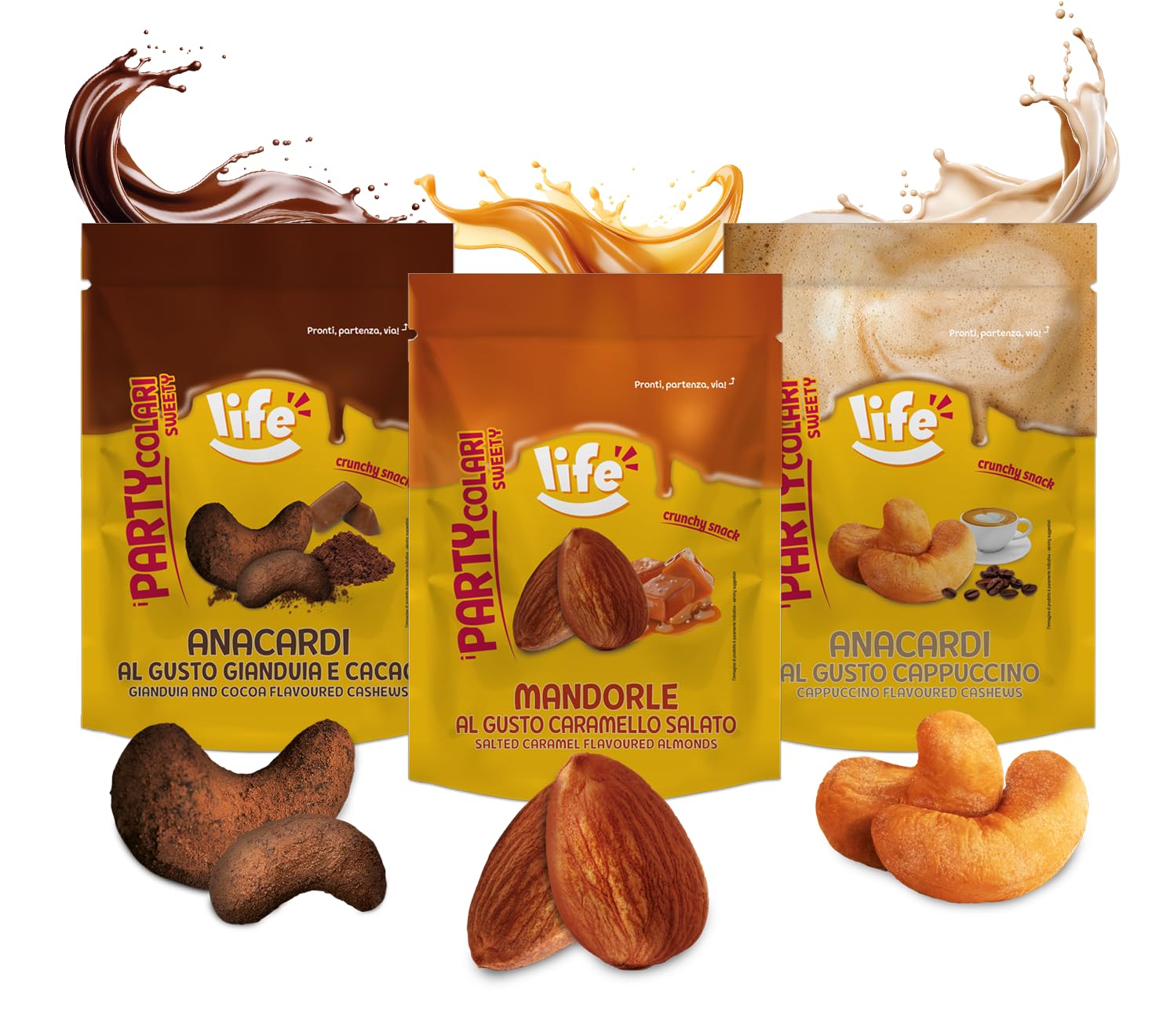 Life | PARTYCOLARI DOLCI Anacardi Gusto Gianduia e Cacao, Snack Croccante, Perfetto Come Arricchitore di Dolci, Gelati e Dessert, Non Fritto, 16x70g