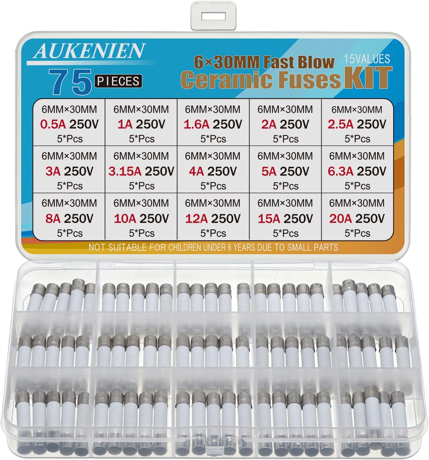 AUKENIEN 6X30MM Fast Blow Ceramic Fuses Kit 15 Values 0.5A 1A 1.6A 2A 2.5A 3A 3.15A 4A 5A 6.3A 8A 10A 12A 15A 20A 250V 6X30 MM 0.5 1 1.6 2 2.5 3 3.15 4 5 6.3 8 10 12 15 20 Amp 250 Volt Quick Fuse
