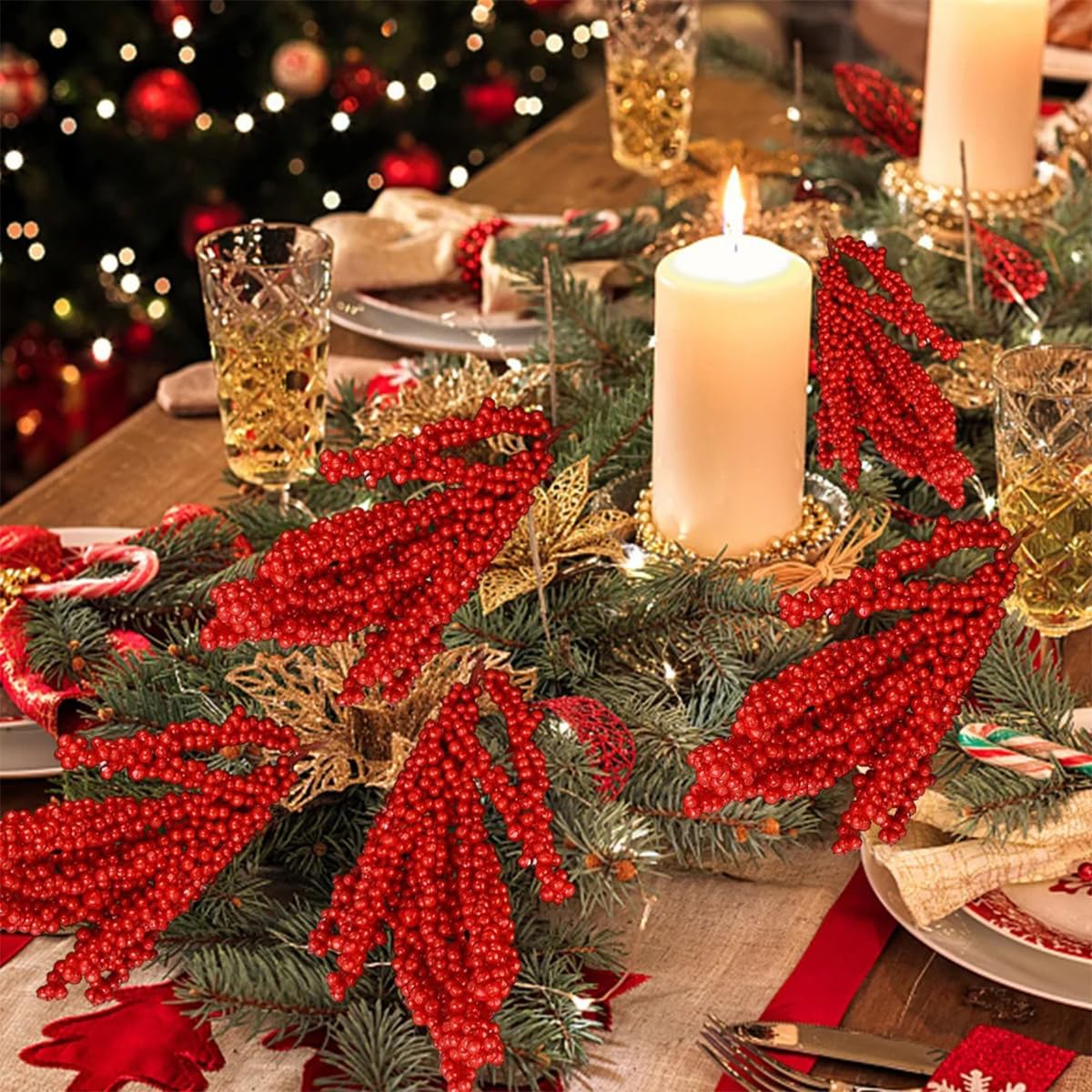 Lot de 20 Branches de Houx artificielles (6 x 32 cm) pour décoration de Noël, couronnes et Loisirs créatifs, Rouge