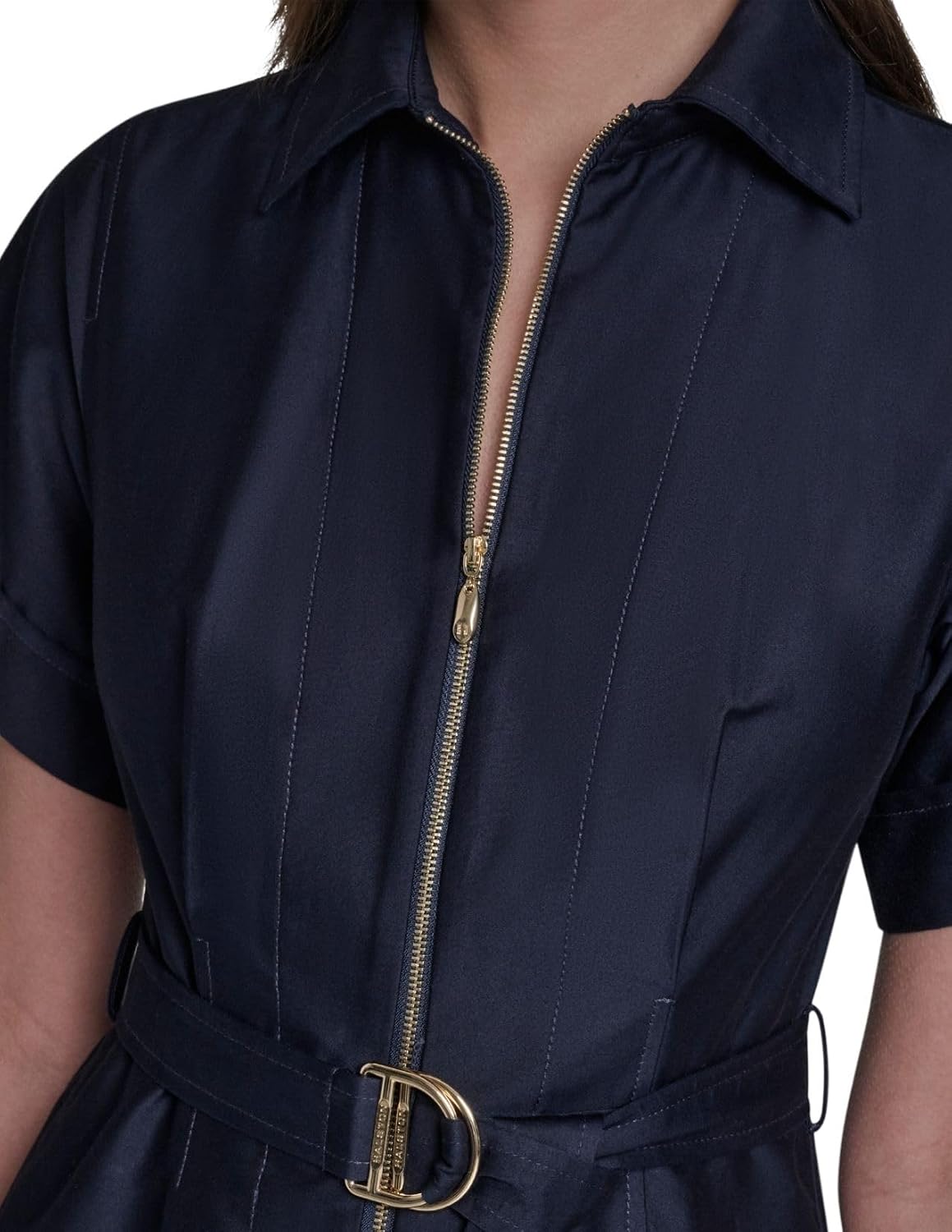 Halston Womens Short Sleeve Zipper Front Cotton Sateen Belted Shirt Dress