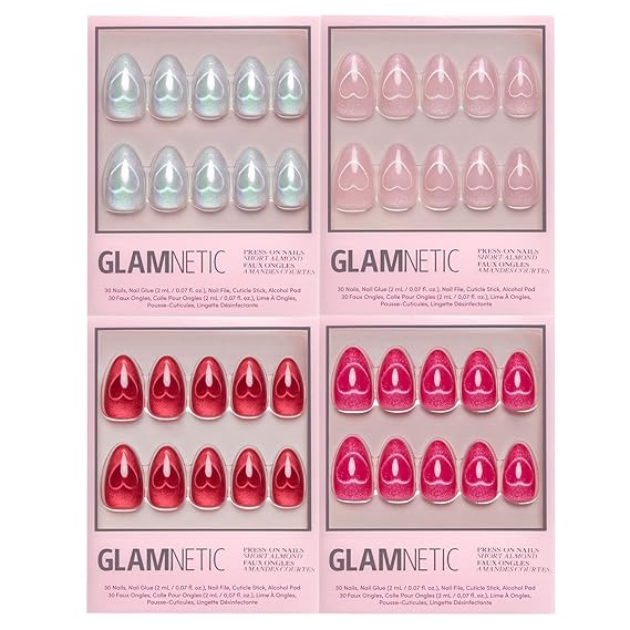 Glamnetic Press-On Nails Bundle - Cupid's Magnetic Hearts | 4 Short Almond Fake Nails in Velvet & Magnetic Cat-Eye Valentine Styles | Durable, Salon-Quality Nail Kits
