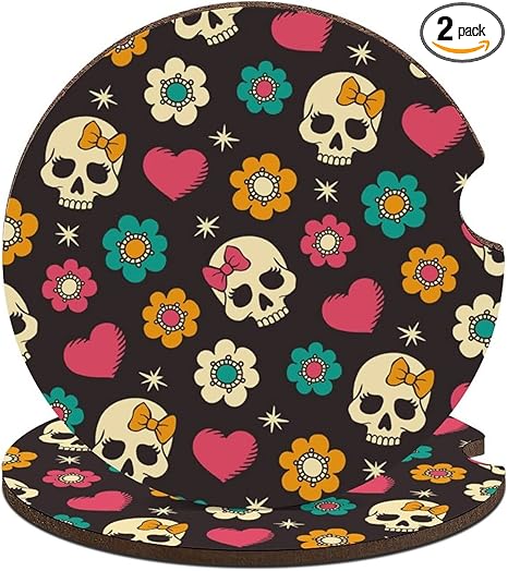 Car Coasters, 2PCS Car Cup Holder Coaster Insert Car Accessories Interior Car Decor Cute Sugar Skulls Design for Your Car Women Girl Men