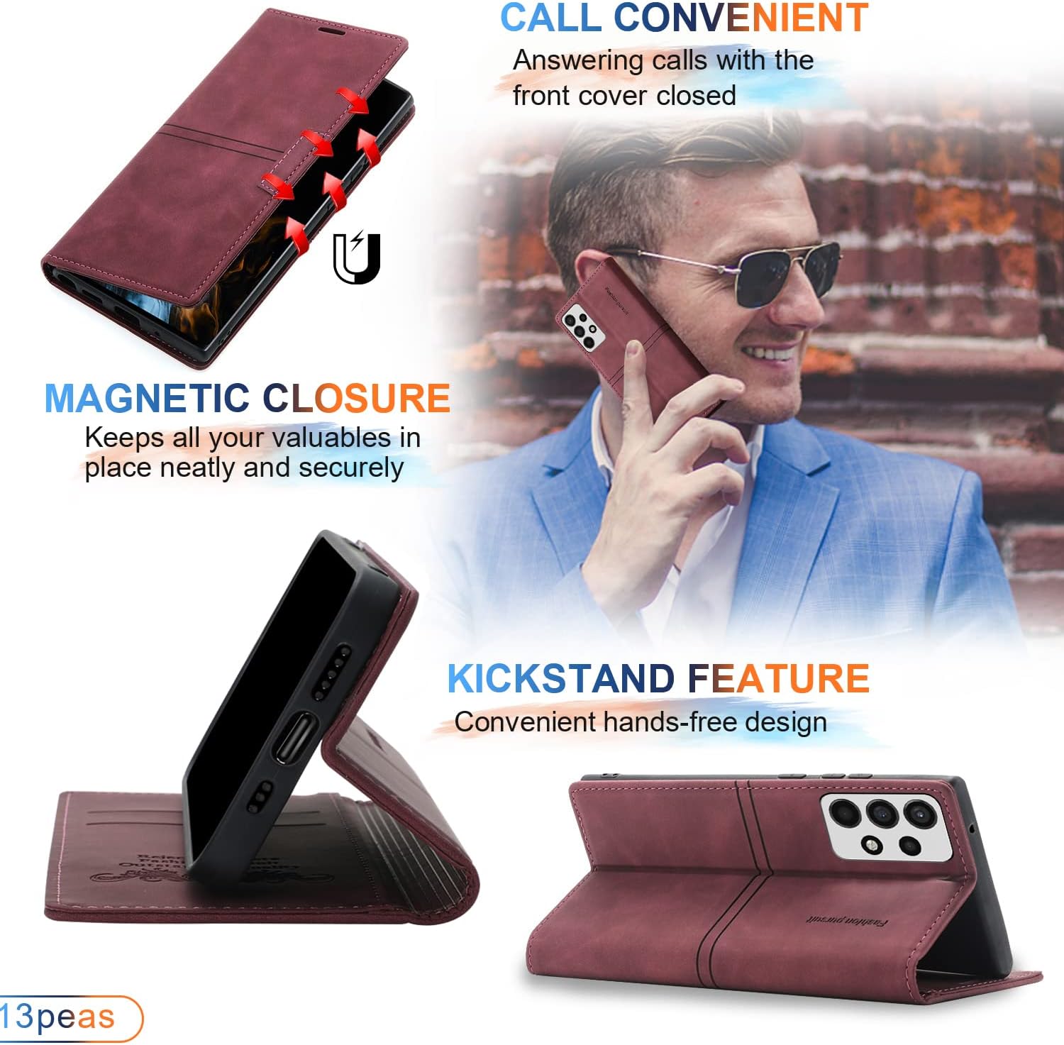 13peas Case for Samsung Galaxy A53（5G 2022 Released）, Cowhide Leather Wallet case with 1 Tempered Glass Screen Protector，Card Holder Slots as Kickstand Protective Business flip Cover (WineRed)