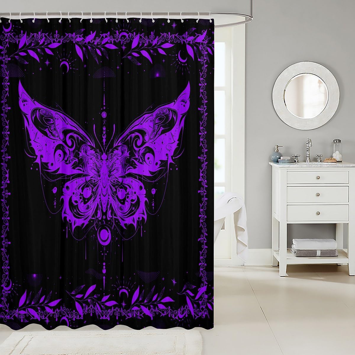 Feelyou Boho Purple Butterfly Fabric Shower Curtain Bohemian Moth Shower Curtain for Kids Boys Girls Moon Galaxy Bathroom Waterproof Accessories with 12 Hooks Black and Purple Curtains,72X84 Inches