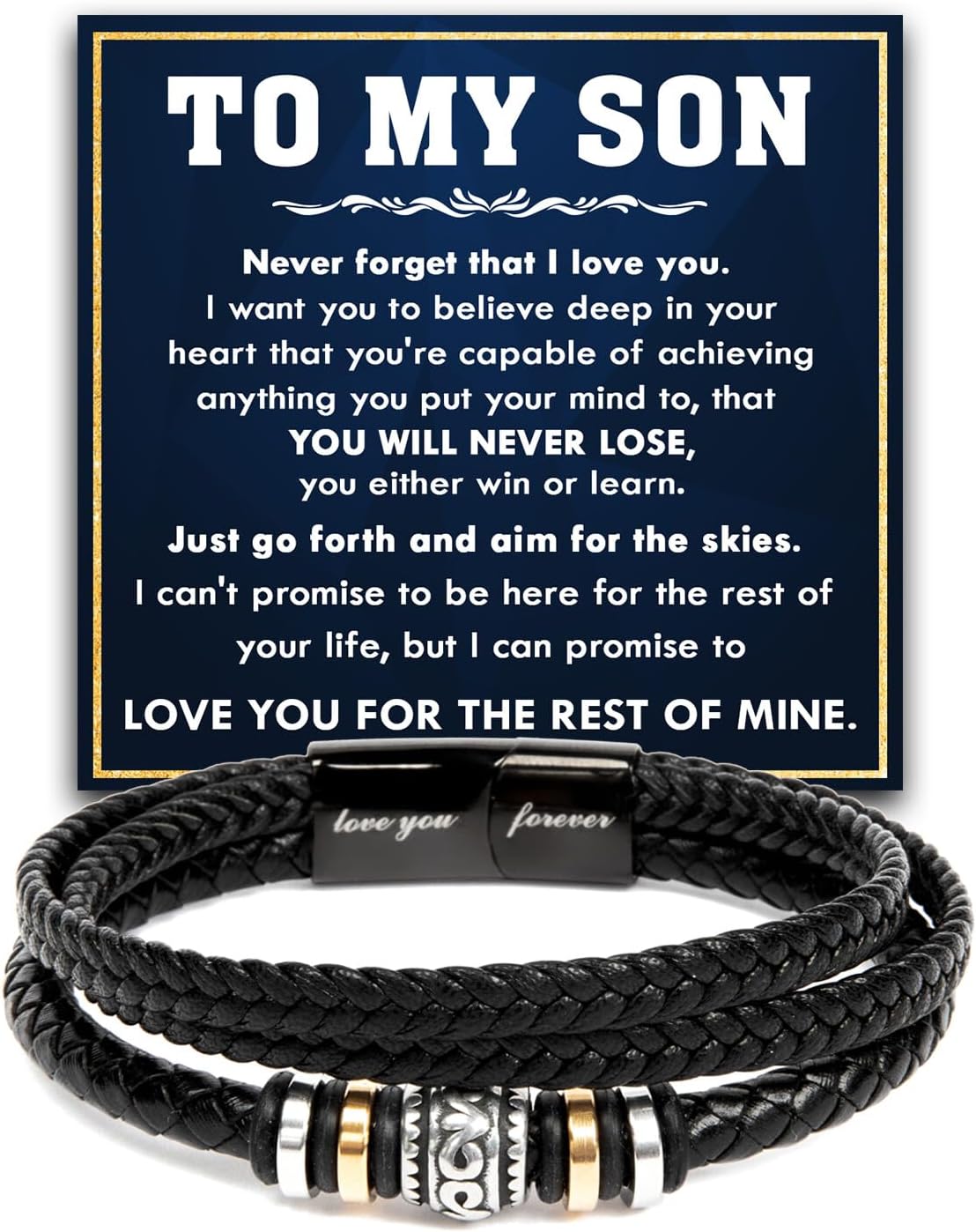 To My Son Bracelet From Mom, Son Gift From Dad, Christmas Graduation Wedding Birthday Gifts For Sons With Message Card And Box, Love You Forever Connected Son's Leather Bracelets