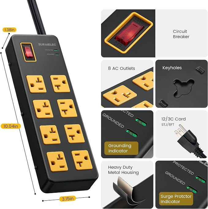Protector eléctrico Heavy Duty Surge Protector Power Strip 20Amp, 6FT, 1960 Joules miniatura 7