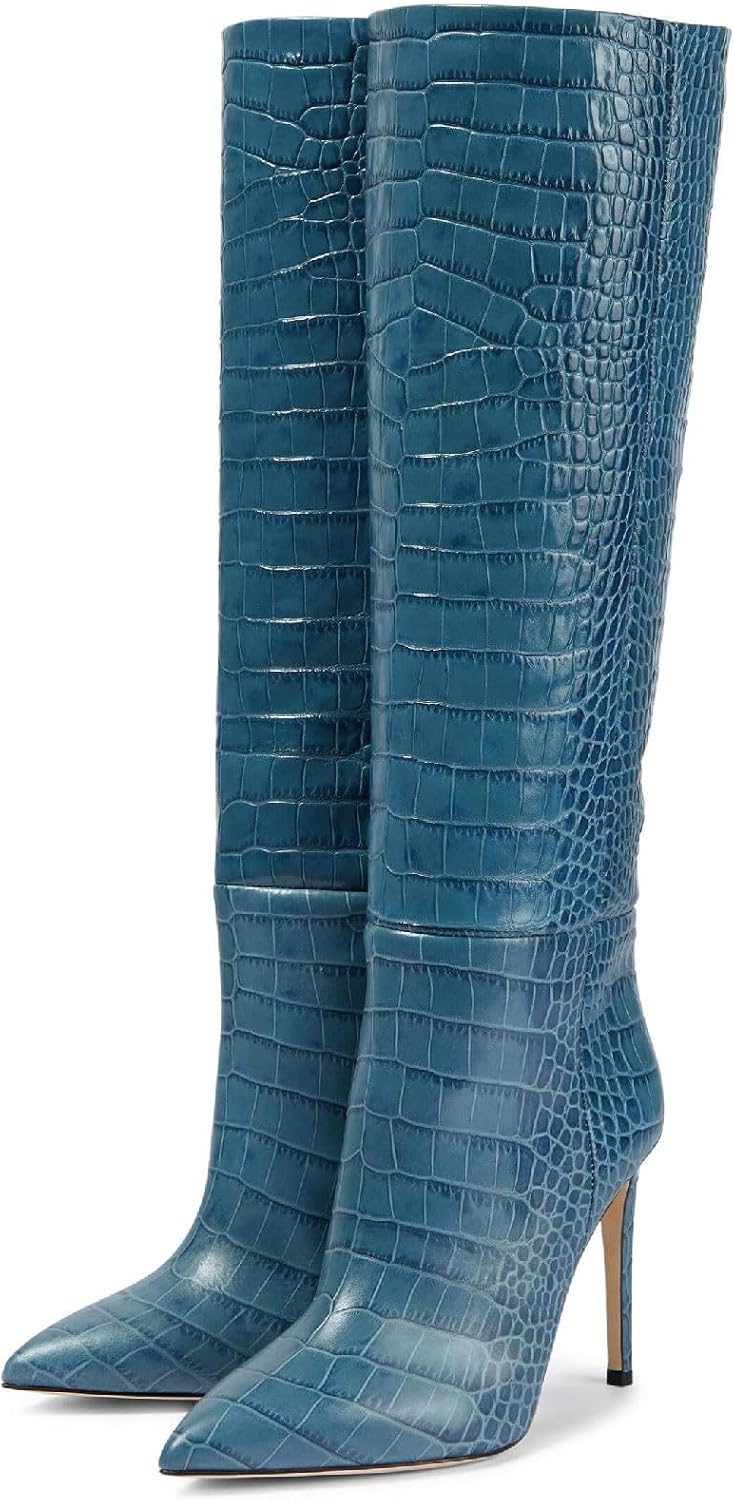 Women's Fashion Crocodile High Stiletto Heel Knee High Boots 3.94inch/10cm Pointed Closed Toe Pull On High Heel Long Boots Fall Winter Dressy Tall Boots for Women