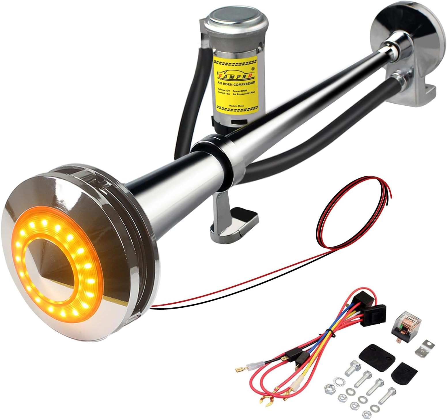 12V 150DB Car Air Horns, 18 Inches Chrome Zinc Single Trumpet Truck Air Horn with Compressor for Any 12V Vehicles Trucks Lorrys Trains Boats Cars (silver with lights)