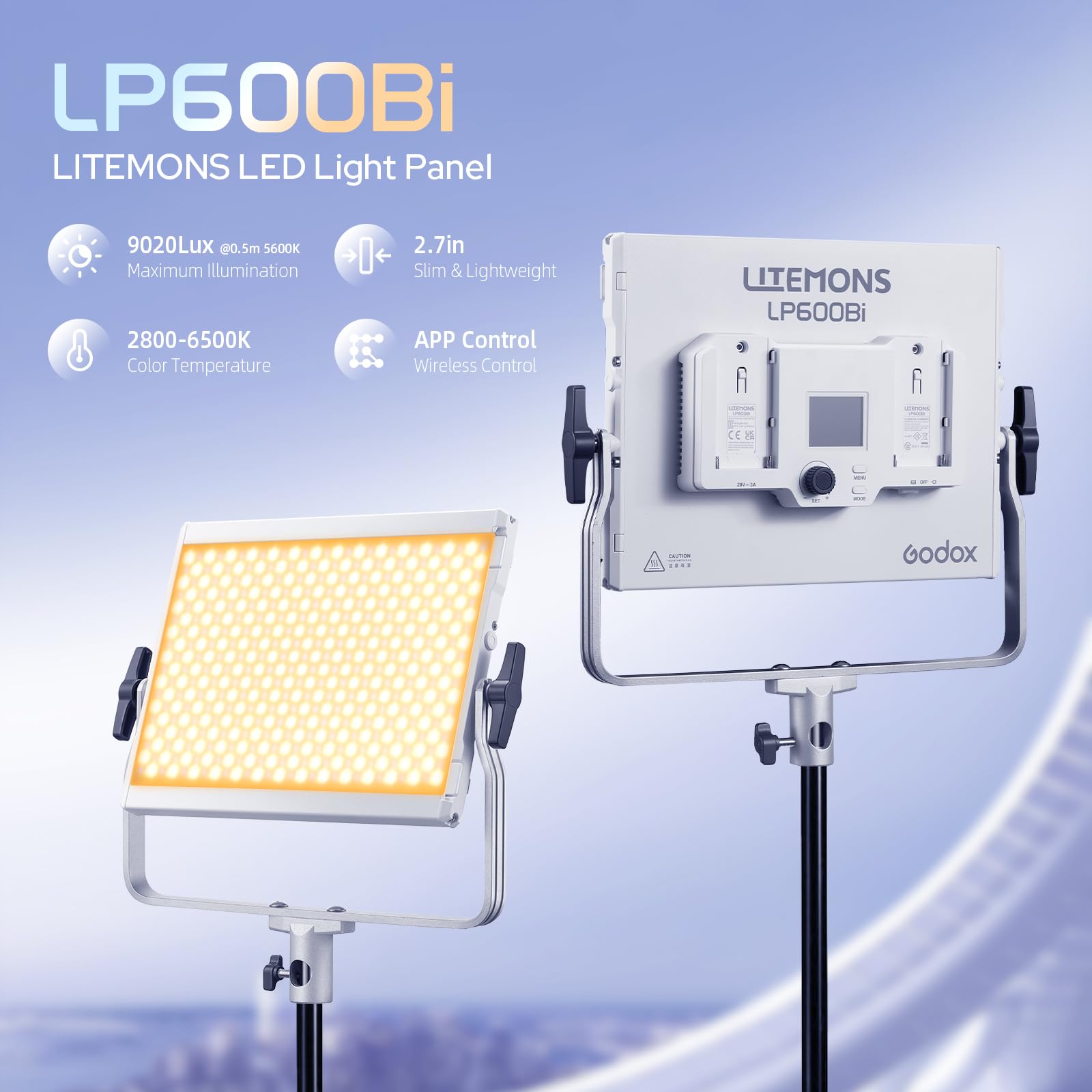 GODOX LITEMONS LP600Bi LED Video Light, CCT Bicolore Temperatura 2800K-6500K 60W Luce Pannello con 11 Effetti di Luce, L'illuminazione in Uscita Continua Supporta il Controllo APP