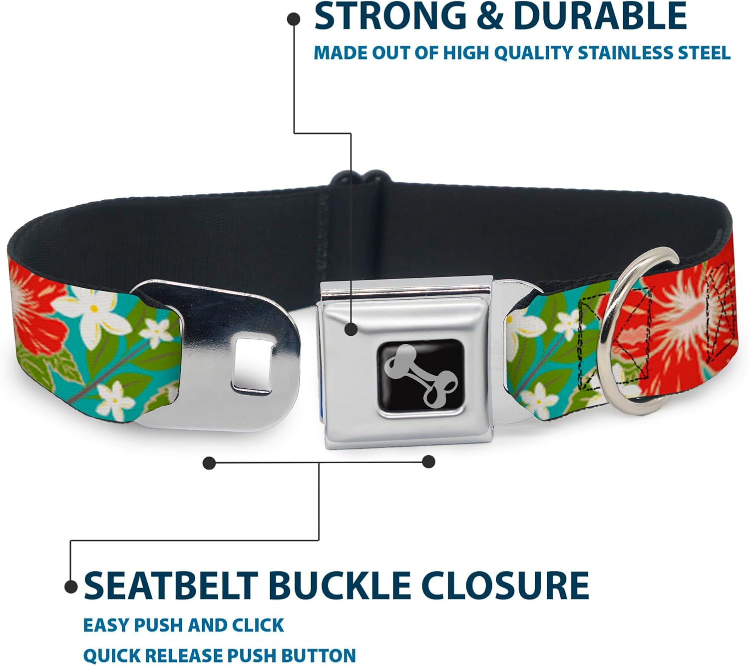 Buckle-Down Seatbelt Buckle Dog Collar - Hibiscus & Plumerias Turquoise/Green/Red/White - 1" Wide - Fits 15-26" Neck - Large