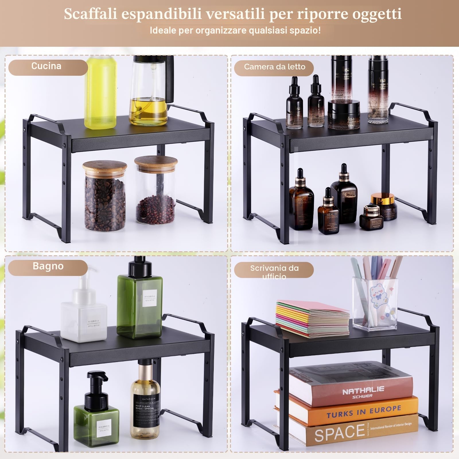 Ripiano Organizzatore per Cucina, Scaffale Espandibile 32-53cm per Pensili, Ripiani Resistente per Top Cucina, Scaffalatura Regolabile in Nero con 3 Altezze, Organizzatore per Desktop e Mobili