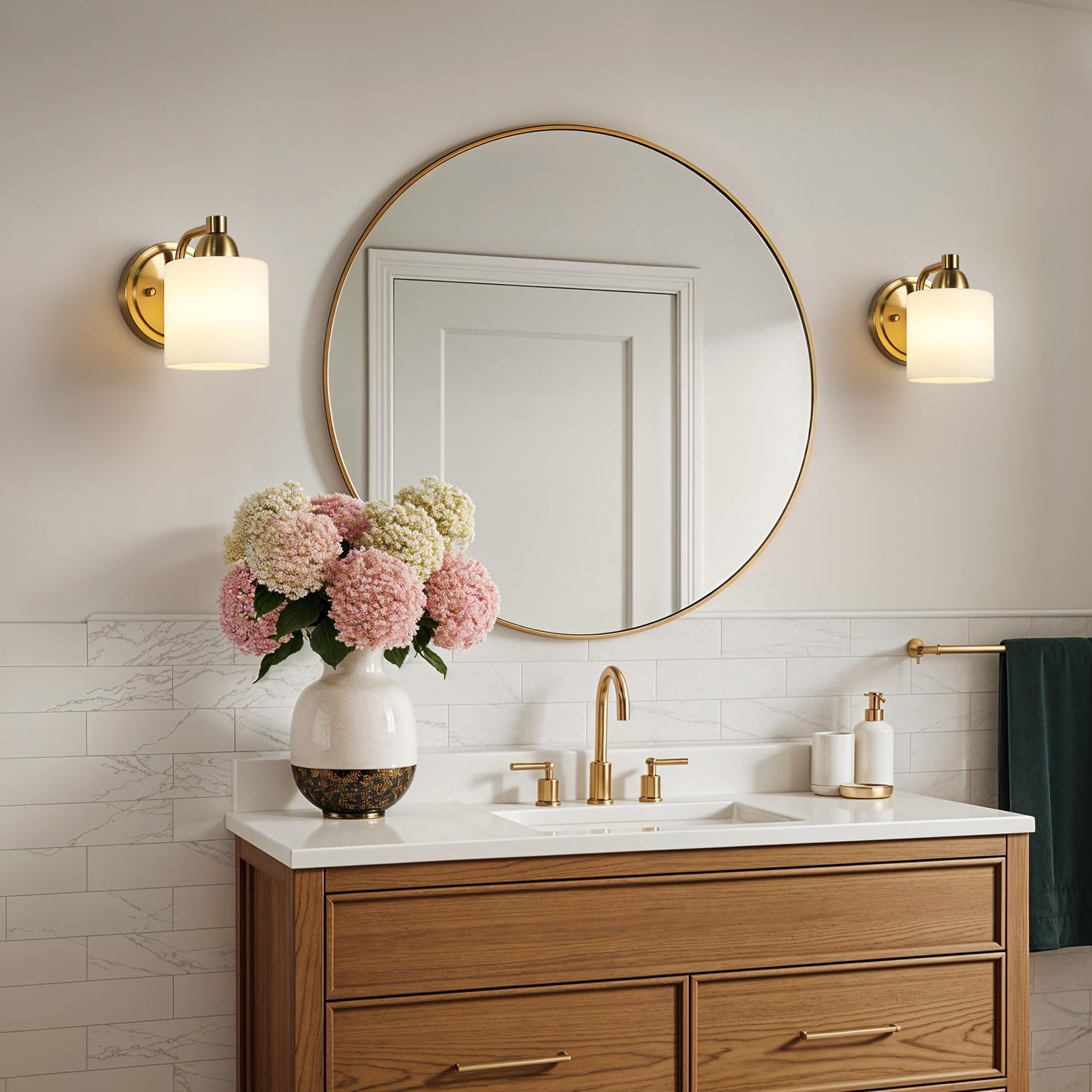 Gold Milk Glass Wall Sconces, 1 Pack Hardwired Indoor Wall Light Fixtures for Living Room, Hallway, Bedroom, Ceramic E26 Sockets (Bulbs Not Included)