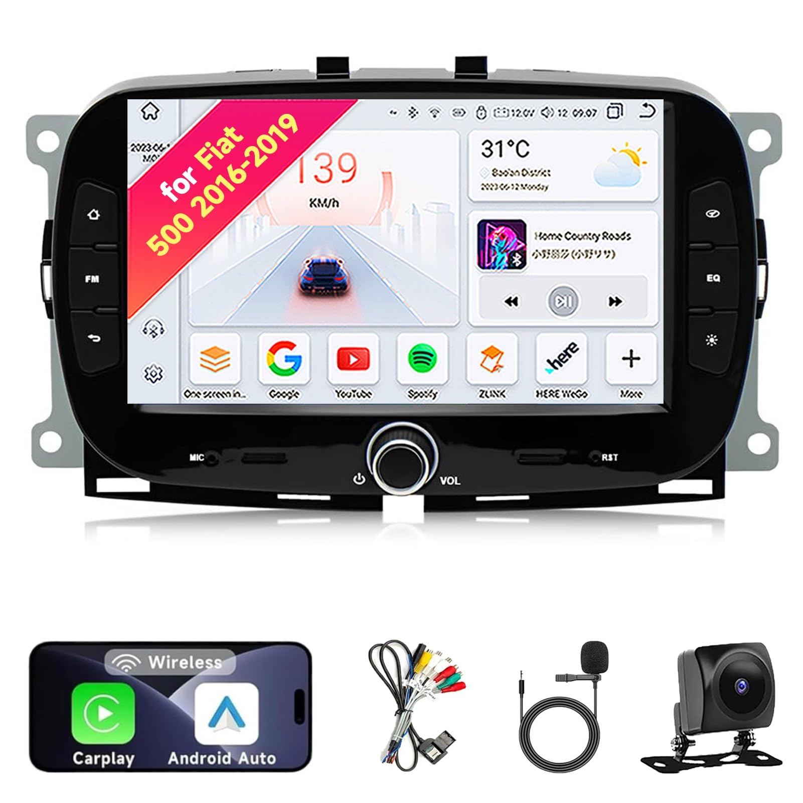Autoradio stereo Android 13 Per Fiat 500 2016-2019 - Schermo touch IPS da 7", kit cruscotto aggiornato con CarPlay e Android Auto, navigazione GPS, Bluetooth 5.0, WiFi, SWC, 5G, DSP(4Core 2+64GB)