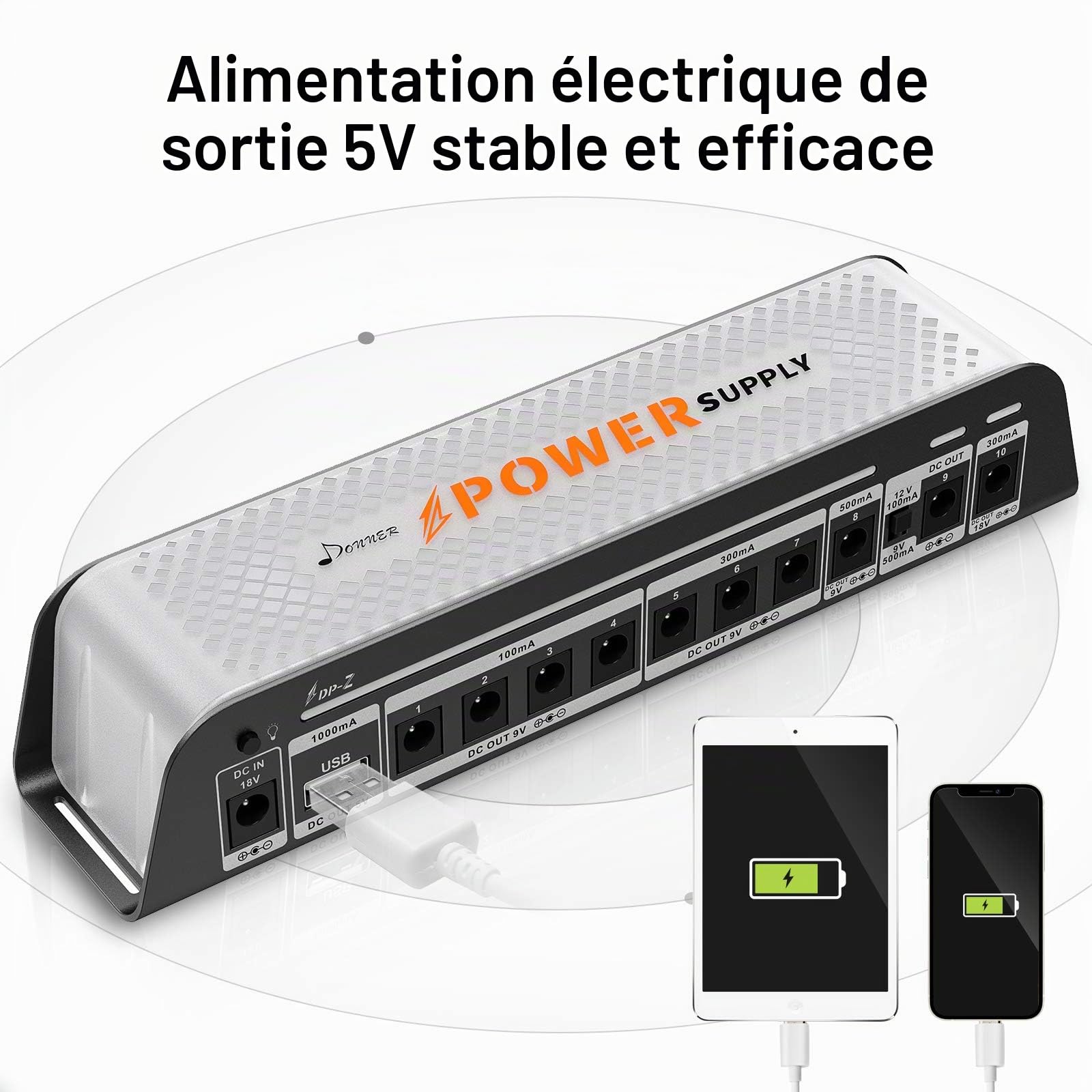 Donner DP-Z Alimentation pour pédale de guitare 9V 10 sorties isolées avec port USB pour pédale d'effet 9V/12V/18V Entrée DC 18v 2000m