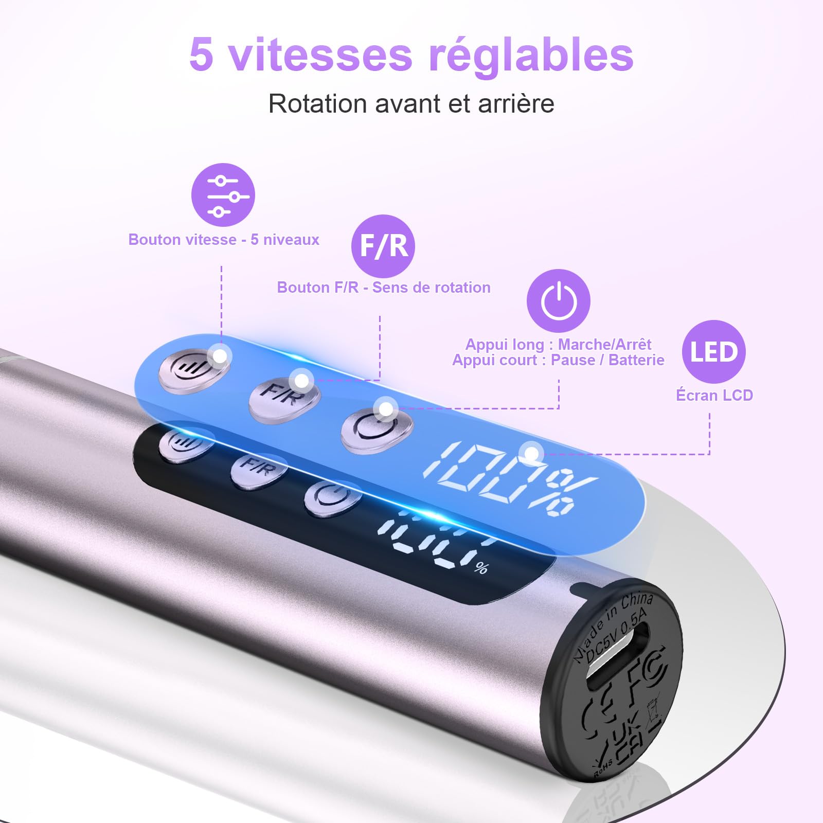 POFIBO Ponceuse pour Ongles Professionnel - 12 en 1 Lime a Ongle Electrique 35000RPM avec LCD écran Numérique, sans fil, 5 vitesses réglables - Kit de Manucure Pédicure Rechargeable Vitesse (Violet)