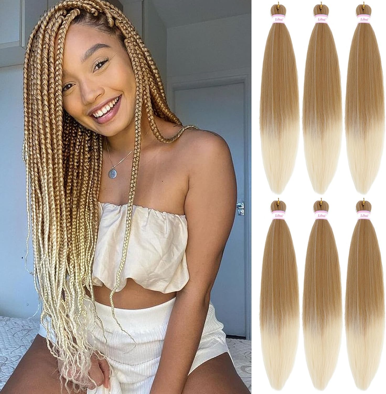 X-Tress 6 Packs Pre Stretched Braiding Hair Extension 26" Yaki Texture Hot Water Fiber Honey Blonde Ombre 613 EZ Braids Kanekalon Hair 2 Tone Colors Braids Braiding Crochet Hair Extension(MT27/613)